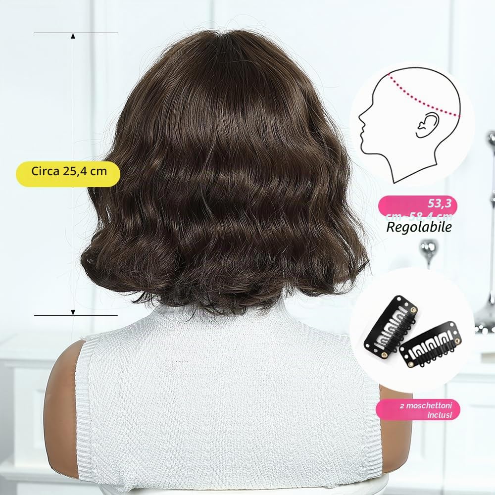 Marrone Bob Parrucche per le donne Parrucca corta ondulata con frangetta Capelli sintetici naturali Parrucche resistenti al calore per la festa quotidiana Cosplay Wear