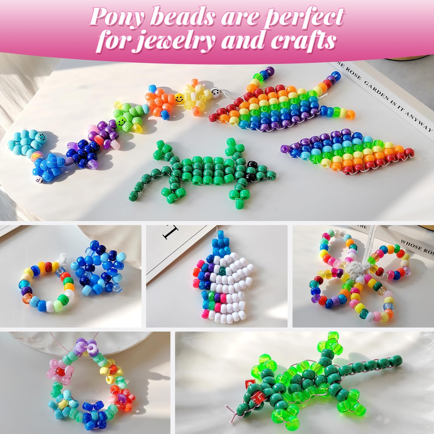 Plastic Pony Beads for Jewelry Making, 4800 Pieces, Multi-Color, 0.35 x 0.22 inch, DIY Craft Beads for Bracelets and Hair Braids (Rainbow 12 Color)
