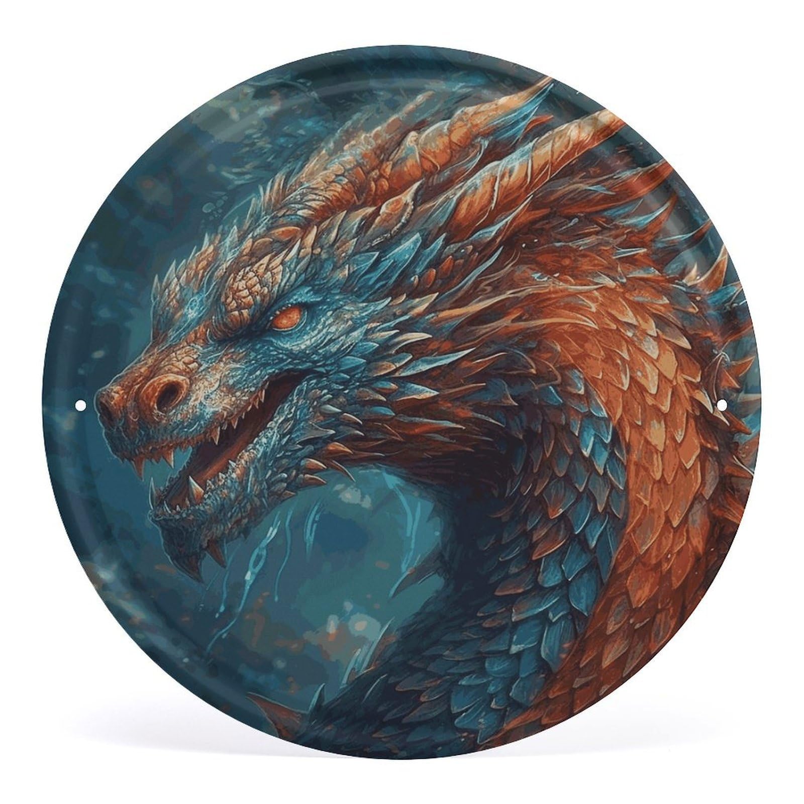 Fodpand Style Dragon Art Round Wall Art Hanging Decorations, Wall Decor Modern Minimalist Artwork, Tin Sign Hanging Picture For Living Room, Bedroom, Office, Hallway, 11.8X11.8 Inch