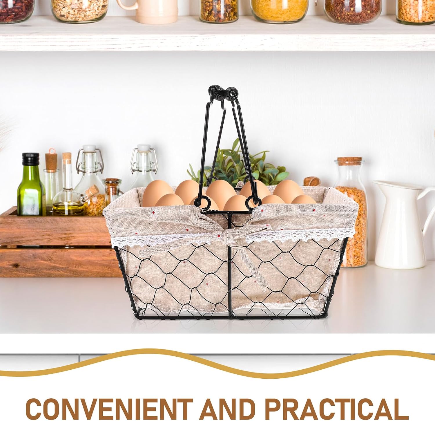 Iron Wire Egg Basket with Fabric Liner, Wear-resistant Snack Storage Basket for Kitchen and Home Organization, Black Handheld Household Storage Holder Color Style image 3
