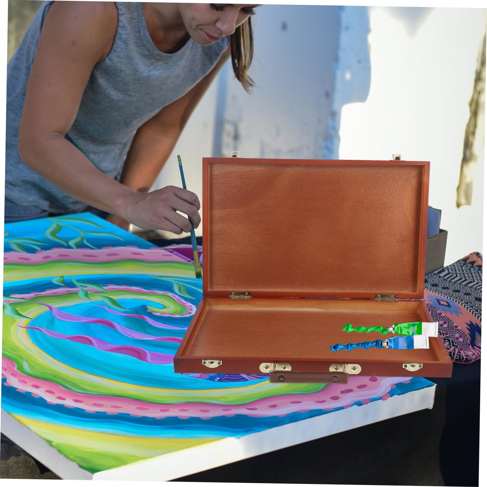 Homoyoyo Boîte de Peinture Bois Style Européen pour Artistes et Étudiants, Mallette Légère Poignée, Rangement Solide et Portable pour Usage en Extérieur