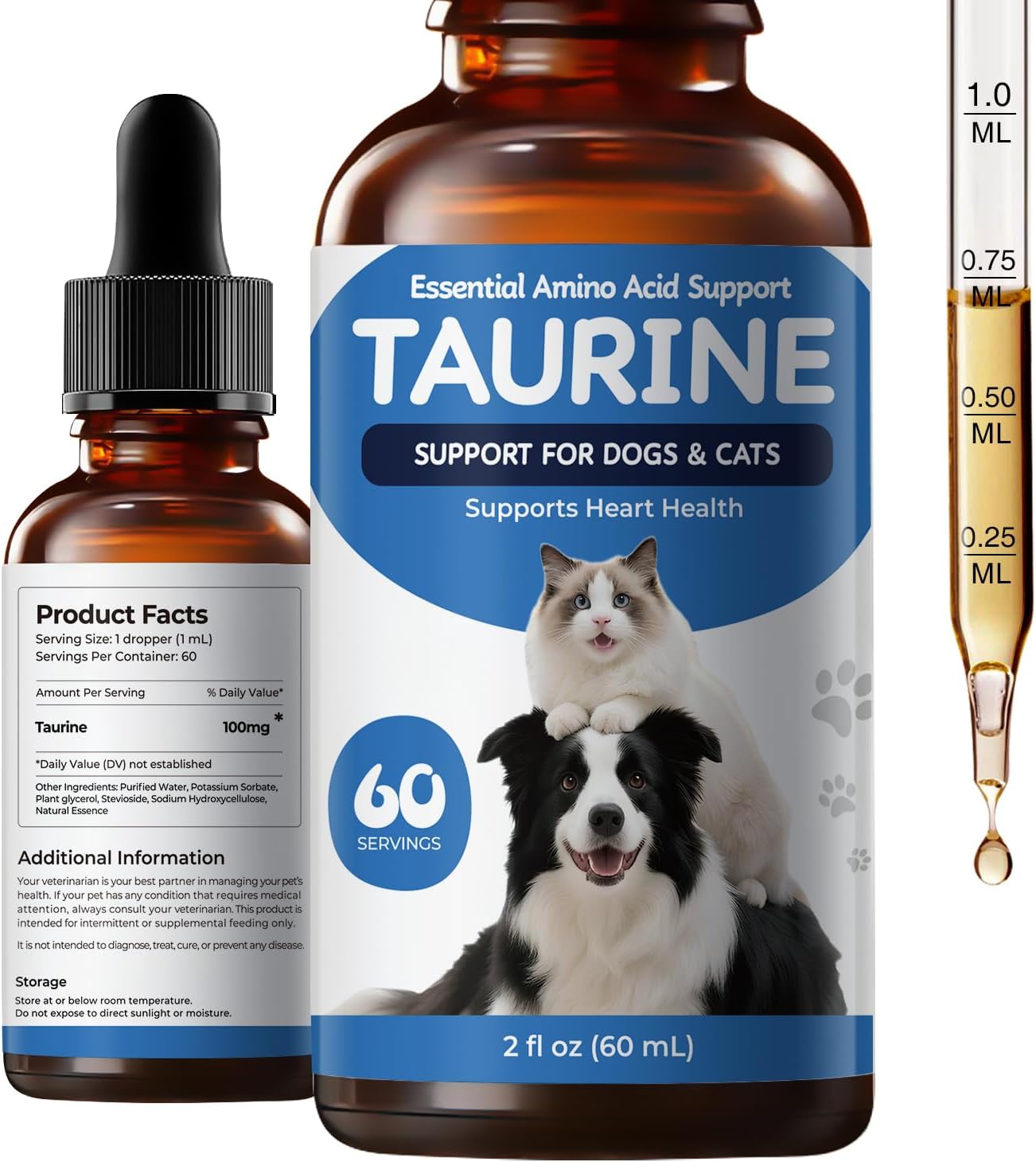 Taurine Supplement for Dogs & Cats, Pet Amino Acid Supplement for Heart Function, Muscle & Metabolic Support, Daily Nutrition for Pets, Liquid Taurine Drops, 2 fl oz (60 mL)
