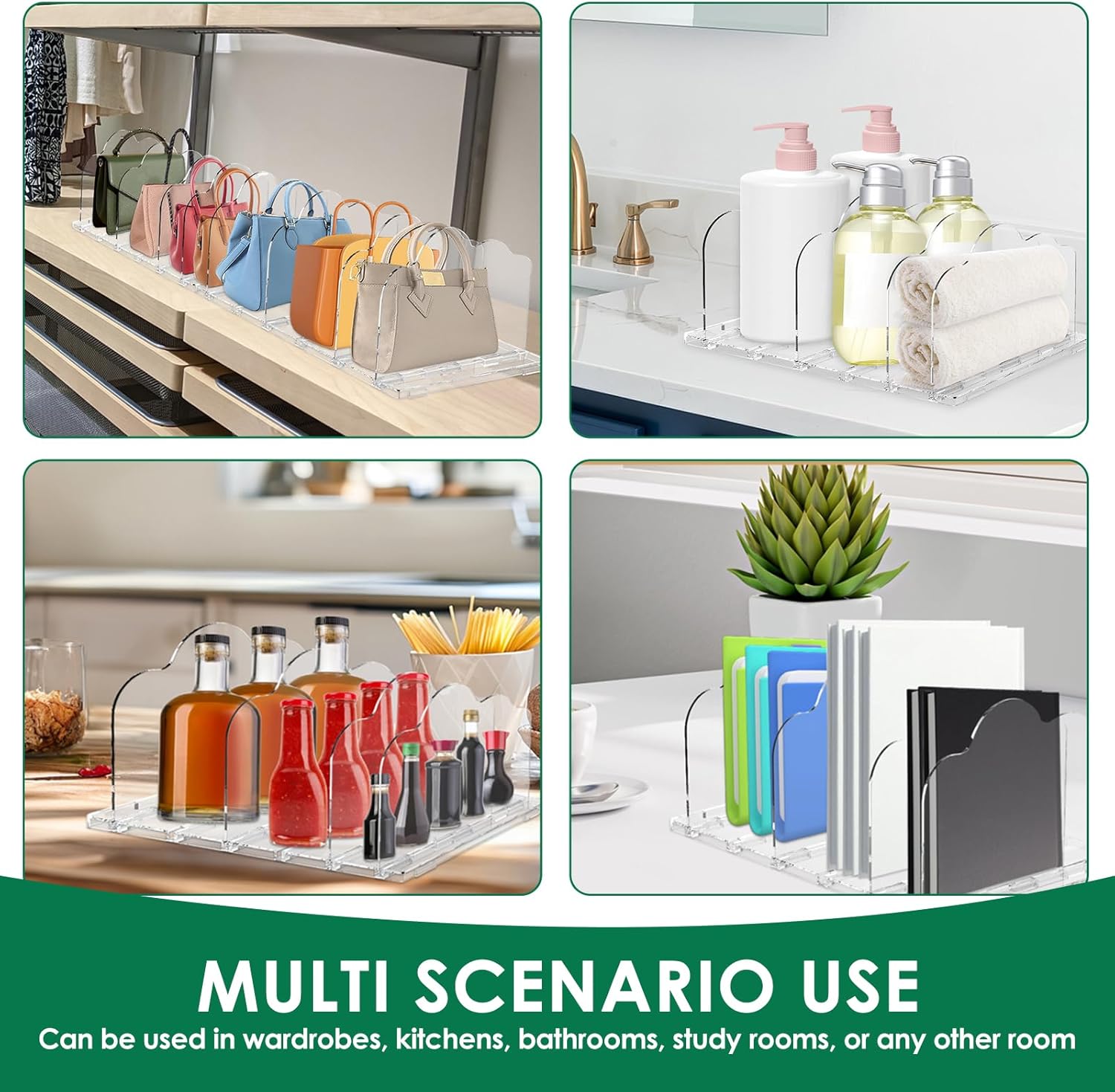 Clear Purse Organizer for Closet, Adjustable Shelf Divider Organizer with 2 Bases & 8 Dividers, Plastic Closet Organizers and Storage, Bag Storage Separators for Closet Shelf (26.4” x 9.4” x 6.7”)