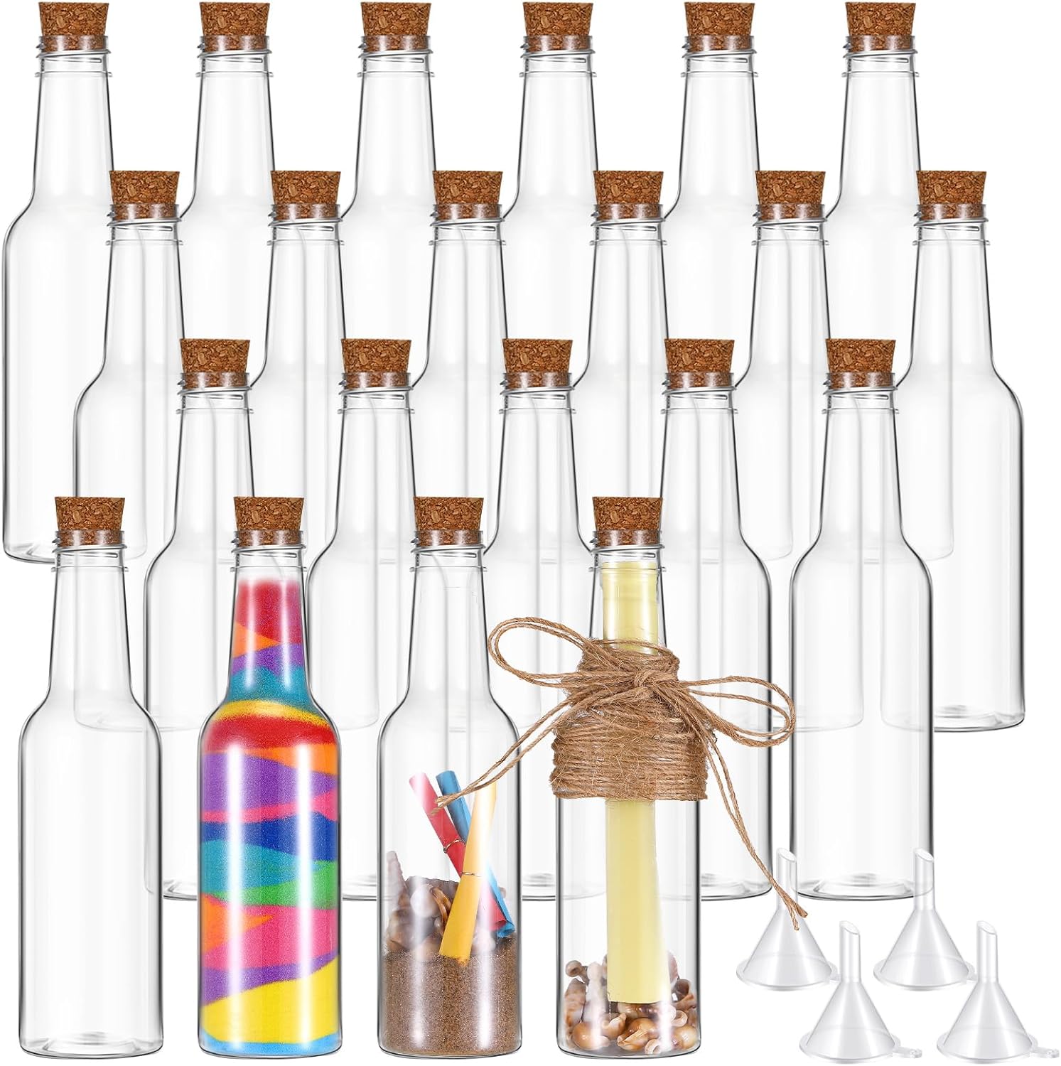 Tanlade 20 Pcs 5.6oz Plastic Sand Art Bottles with Cork Stoppers Wish Message Bottle Containers Clear Potion Bottles with Plastic Funnels for DIY Craft Wedding Birthday Party