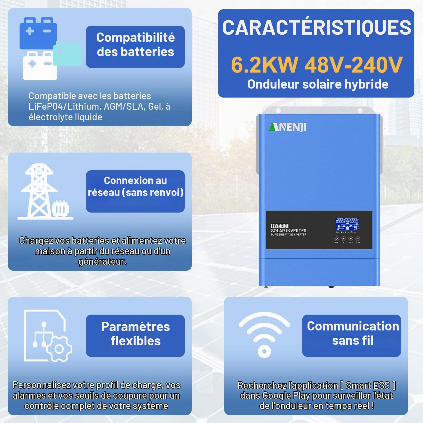 Onduleur Hybride Solaire 6200W 48VDC à 230VAC Onduleur à Onde sinusoïdale Pure avec régulateur de Charge Solaire MPPT 120A, Tension d'entrée PV Max. 500V, pour Batteries Lithium 48V