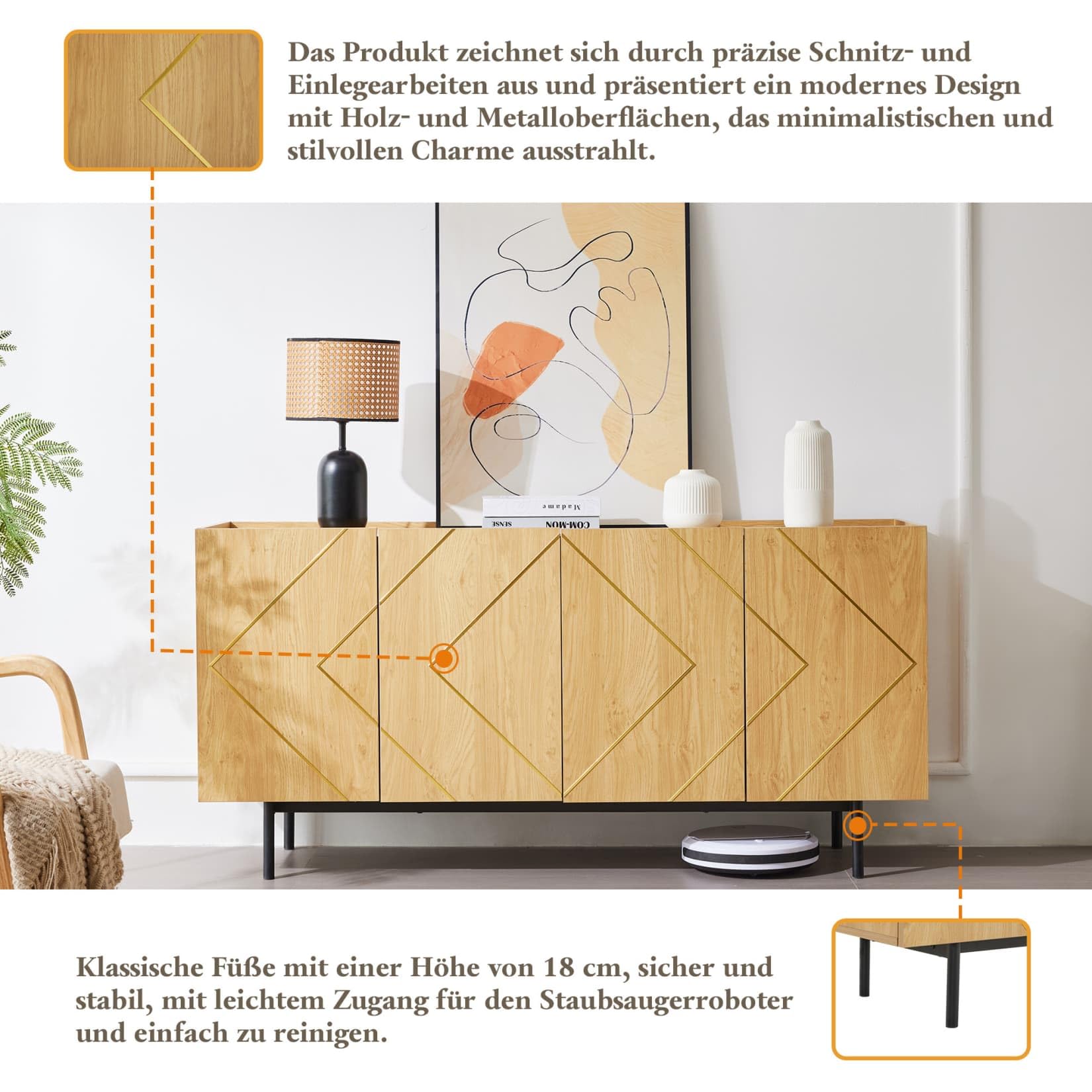 PUGSDRLY Meuble de Rangement avec Étagères Réglables et 6 Grands Compartiments de Rangement,Meuble Cuisine Buffet Salon Commode avec Rayures Dorées,pour Cuisine,Salon,Chambre,Naturel (L160xl40xH78 cm)
