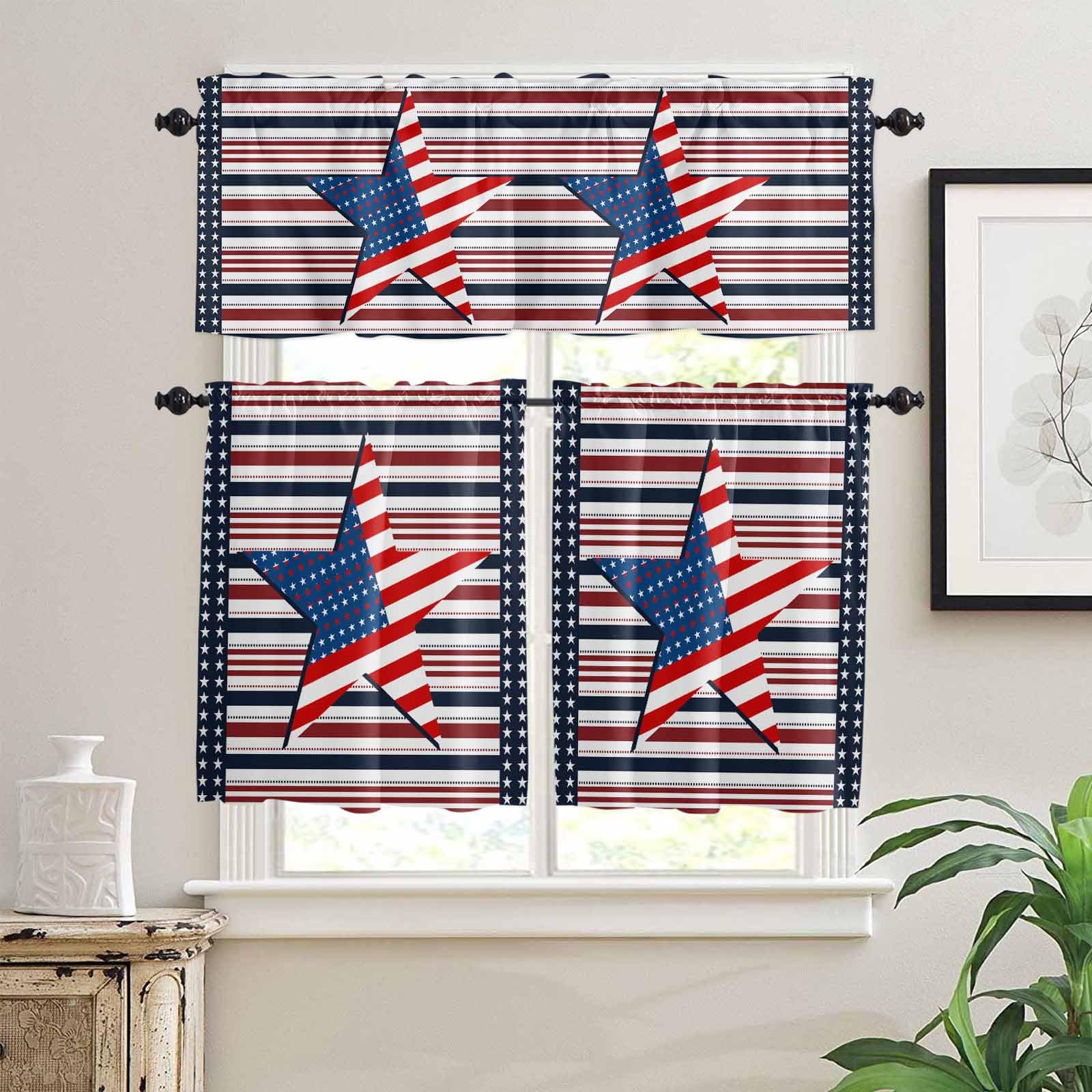 4th of July Kitchen Curtains 36 Inch Length,3 Piece Rod Pocket Small Half Tiers and Valance Set,Independence Day American Flag Star Striped Small Large Window Treatment Decor for Bedroom/Bathroom