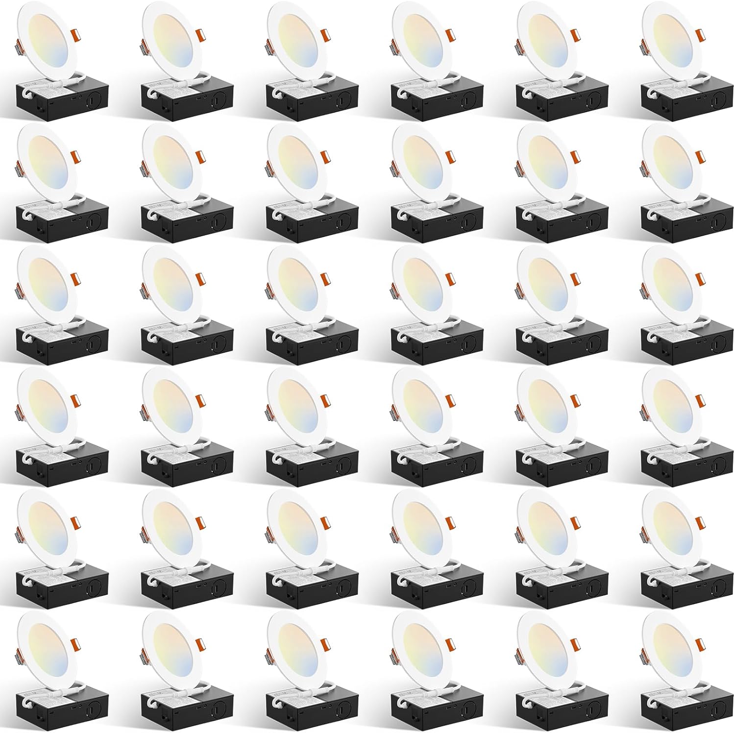 Amico 36 Pack 4 Inch 5CCT Ultra-Thin LED Recessed Ceiling Light with Plastic Junction Box, 2700K/3000K/3500K/4000K/5000K Selectable,800LM, Dimmable Canless Wafer Downlight, 10W, ETL&FCC