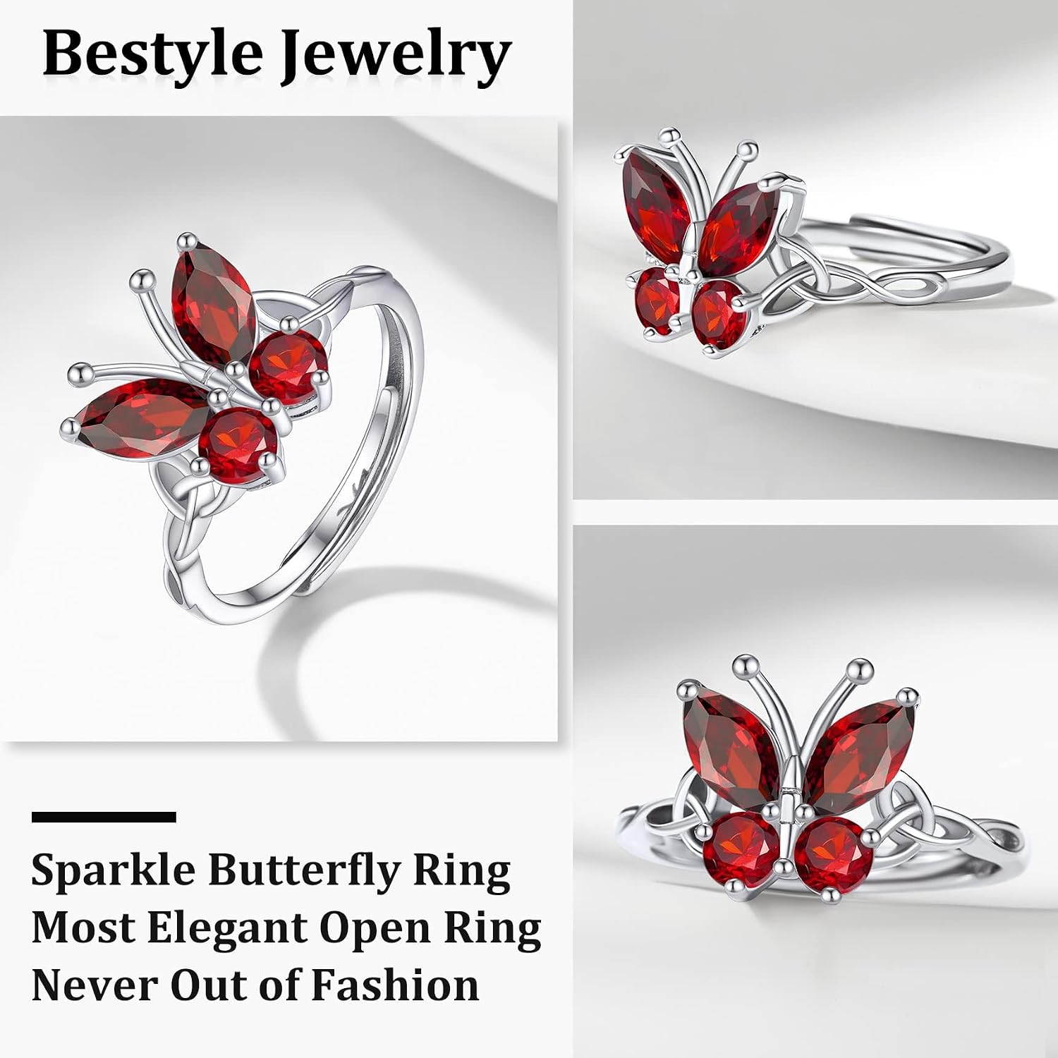 Bestyle 925 Sterling Silver Butterfly Ring Hypoallergnic Adjustable Birthstone Rings for Women Butterfly Jewelry Gifts for Anniversary Mothers' Day Birthday