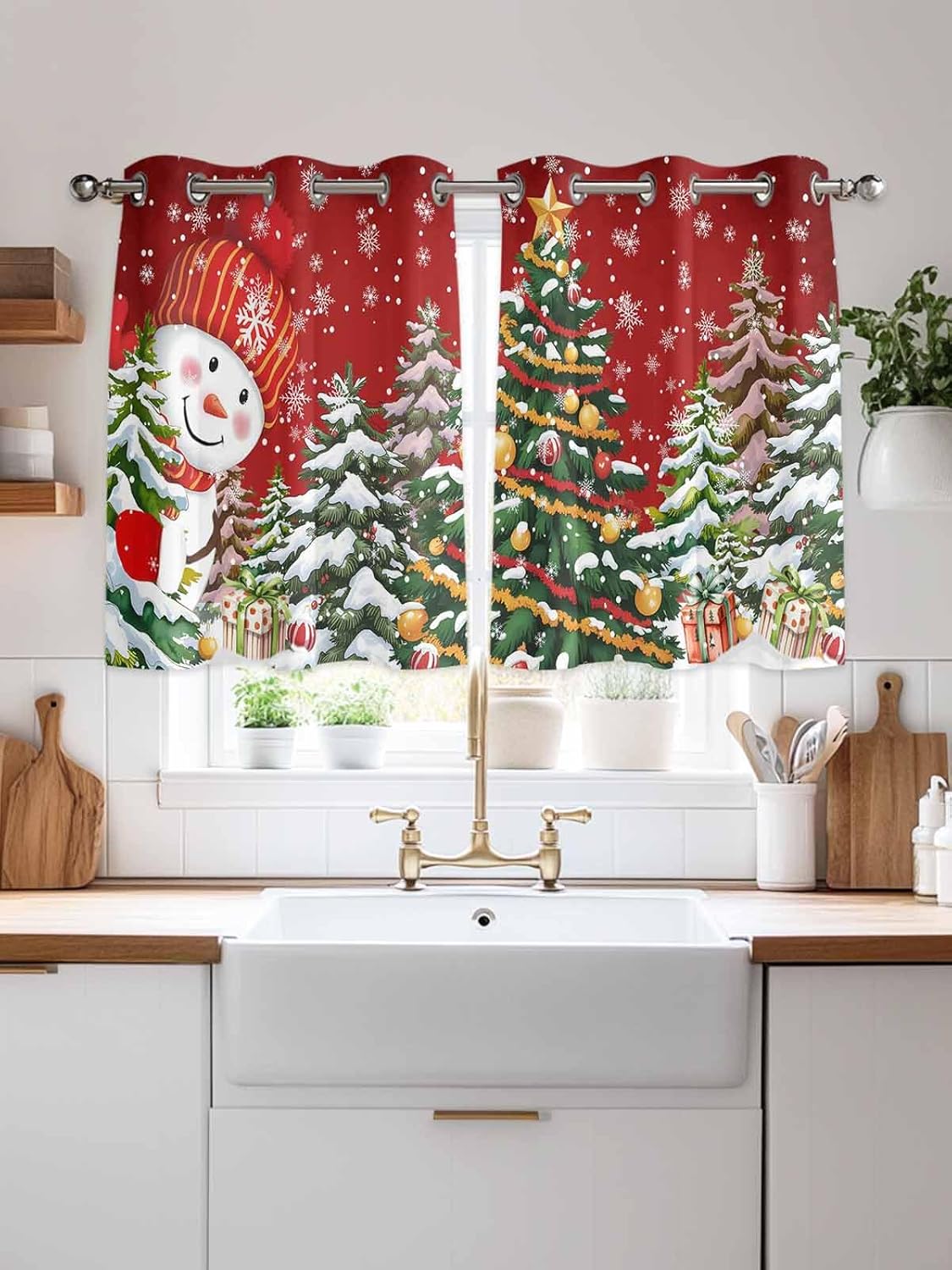 Red Snowman Christmas Kitchen Curtains Window Panels, Vintage Xmas Tree Snowflake Insulated Window Treatment Curtain, Grommet Curtains for Bedroom/Living Room/Bathroom, 2 Piece 42" Wx45 L