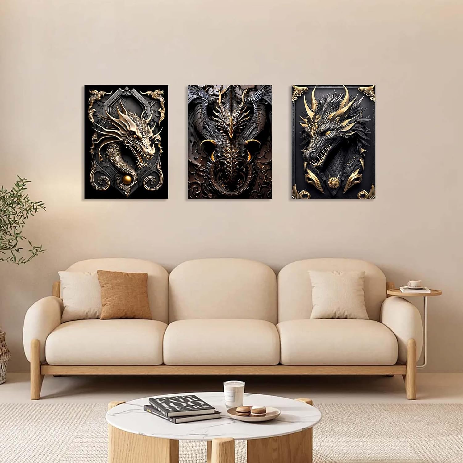 3 Piece Wall Art Framed Canvas Wall Art Modern Abstract Dragon Pictures with Black and Gold Design, Home Decor for Living Room, Bedroom, Office, Gaming Room – Room Decoration with Hooks and Nails, 12x16 Inch
