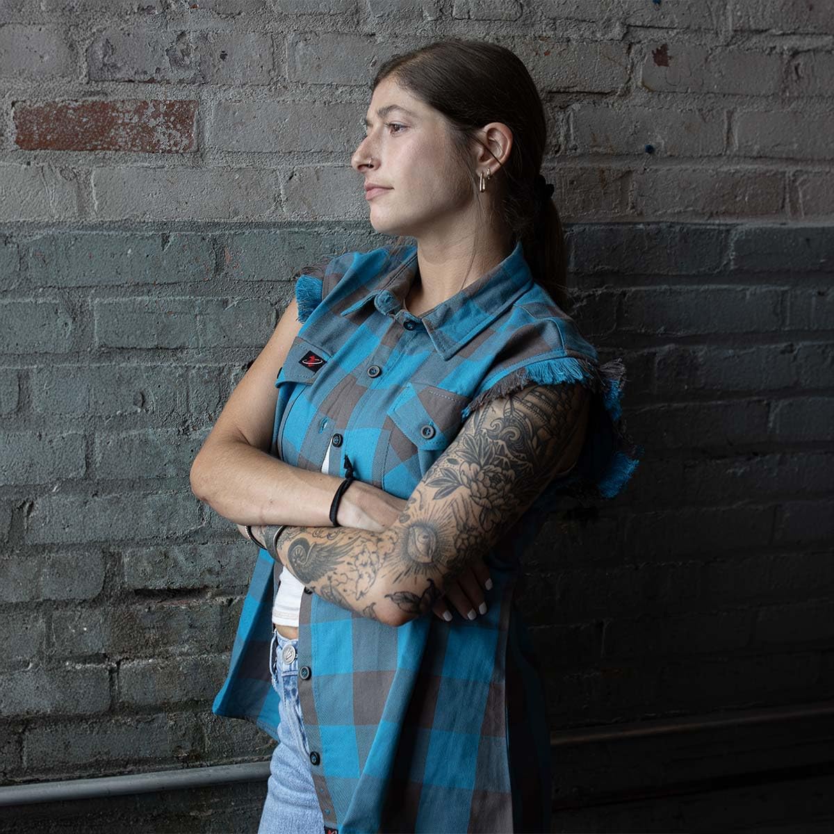 Milwaukee Leather MNG21623 Women's Flannel Brown/Aqua Button Down Sleeveless Cut Off Shirt w/Frill Arm
