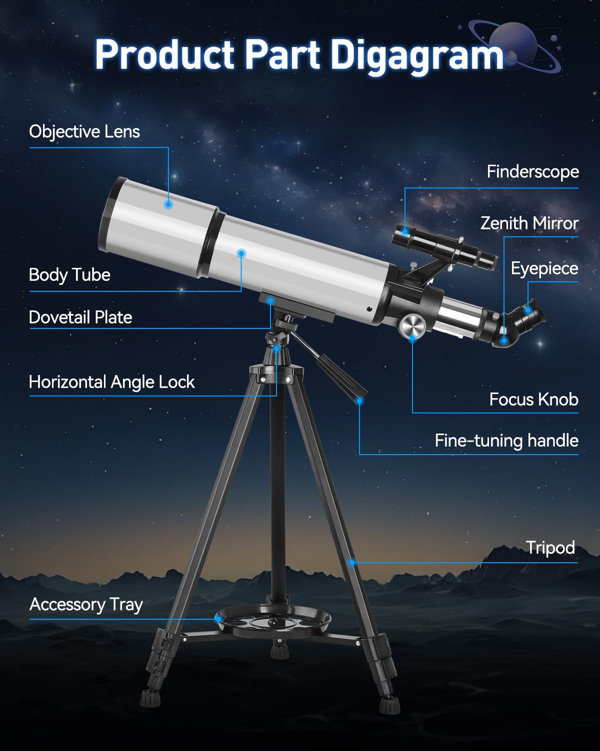 Teleskop Astronomie 90/600mm Refraktor mit Alu-Stativ – 2 Okularen (10mm & 25mm) Télescope 90 mm Ouverture 600 mm Télescopeset pour Enfants Télescope d'astronomie pour débutants pour Adultes