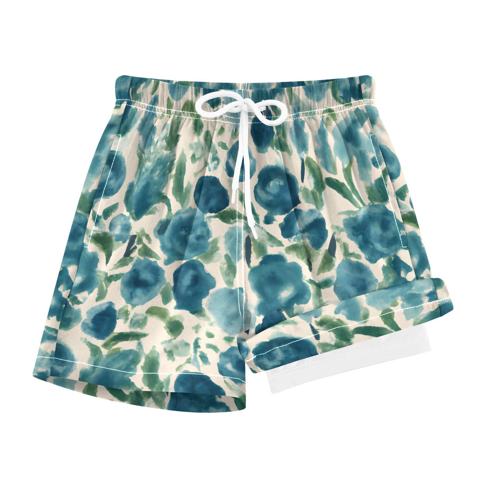 YANENDIE Boy Swim Trunks with Compression Liner Dark Blue Cream Flowers Boys Swim Shorts Quick Dry Beach Shorts