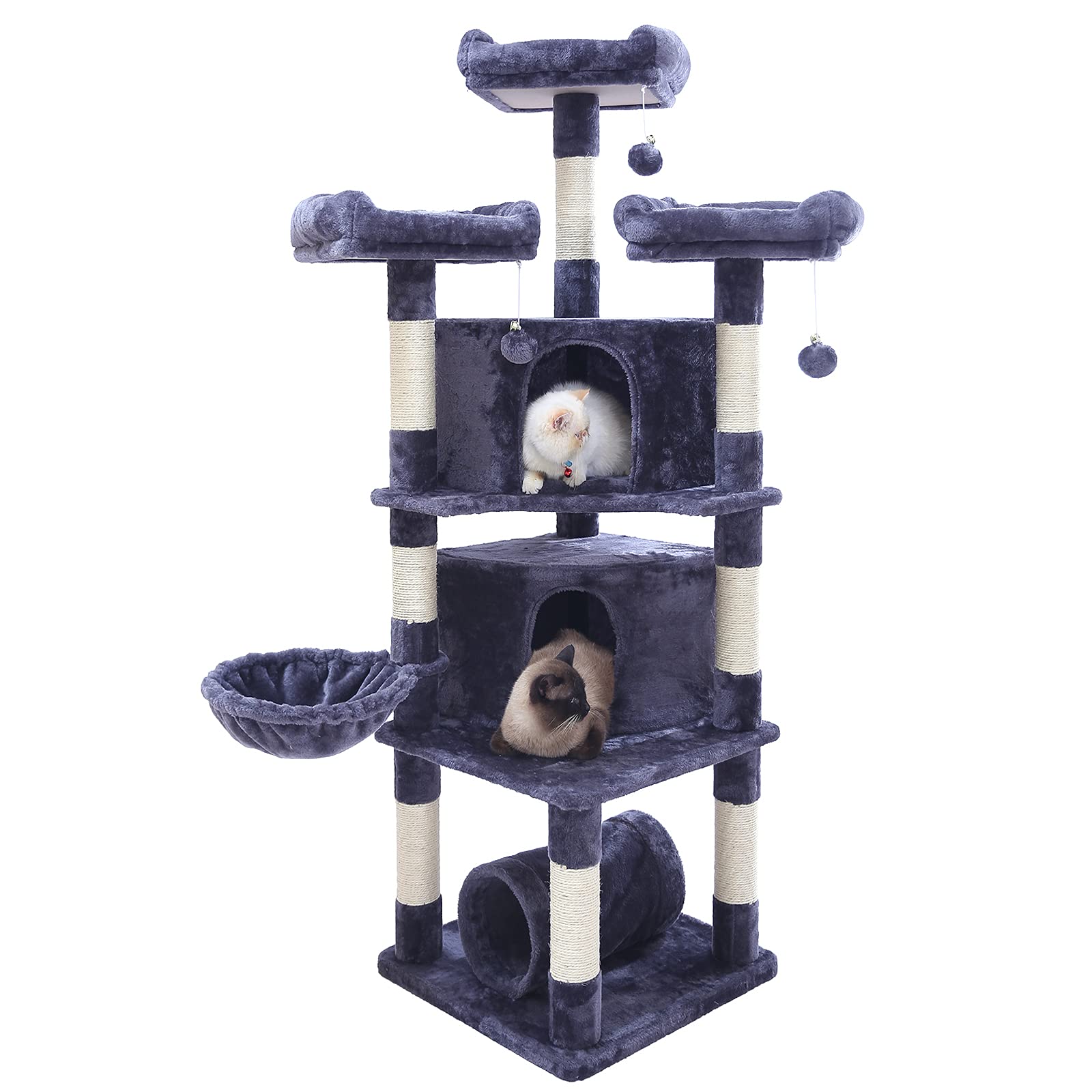 Hey-brother 65" Extra Large Multi-Level Cat Tree Condo Furniture with Sisal-Covered Scratching Posts, 2 Bigger Plush Condos, Perch Hammock for Kittens, Cats and Pets (Smoky Gray) MPJ030G