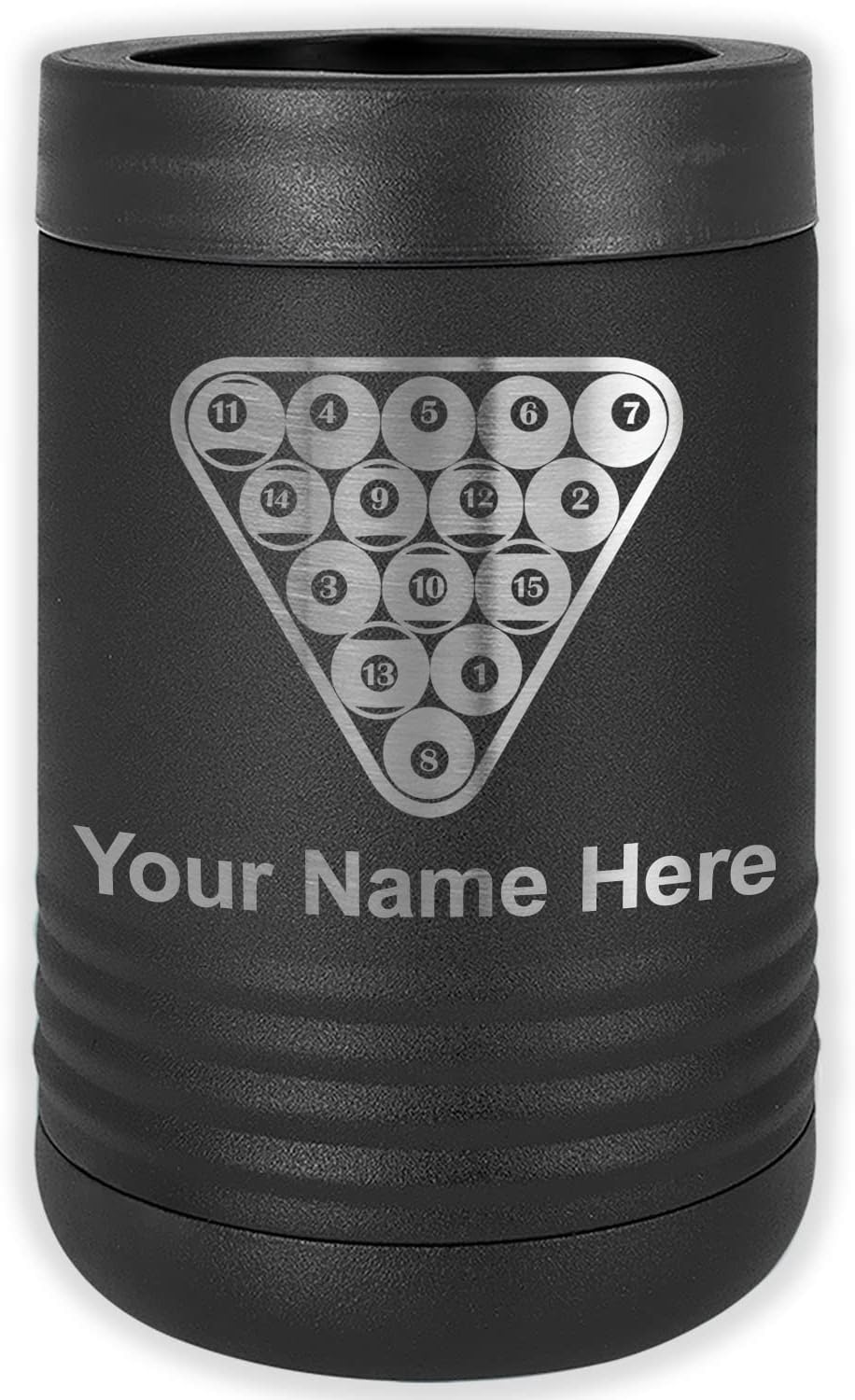 LaserGram Personalized 12 oz. Stainless Steel Can & Bottle Insulator, Billiard Balls – Keeps Drinks Cold Longer (Navy Blue)
