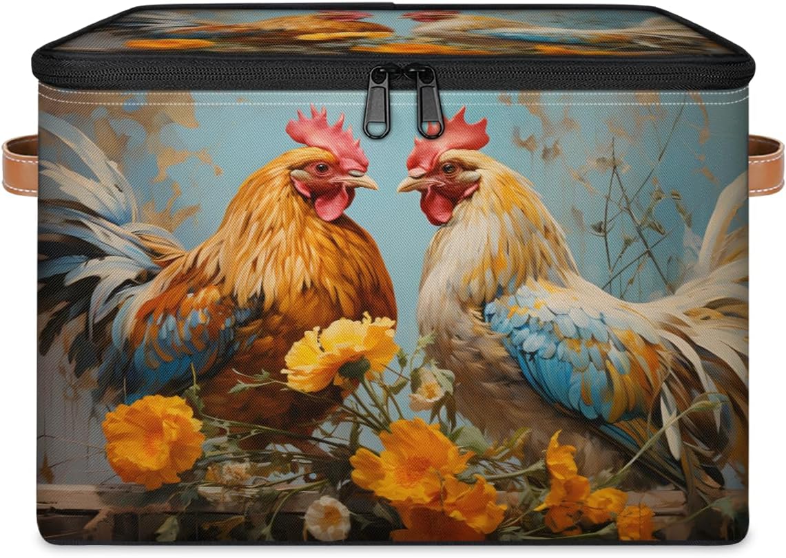 Storage Bin Set of 2 Yellow Flower Rooster Storage Basket with Zipper Lid & Handle Foldable Closet Shelf 2 Pack Cloth Organizer Basket Cube Bins Clothes Organizer for Bedroom, Nursery