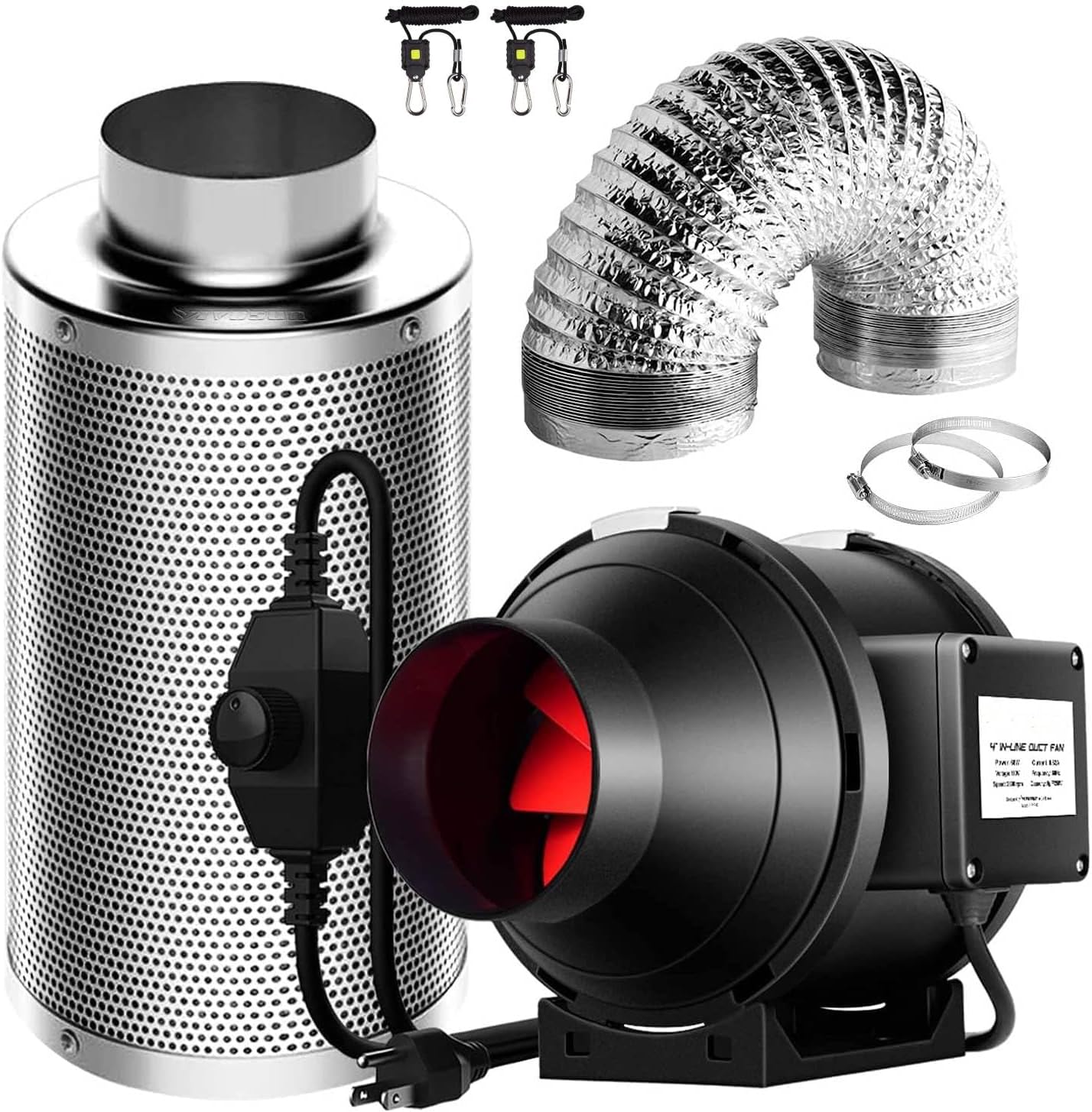 SunStream Ventilation Kit 6 Inch 390 CFM Inline Fan with Speed Controller, 6 Inch Carbon Filter and 25 Feet of Ducting for Grow Tent with 1/8'' heavy duty rope
