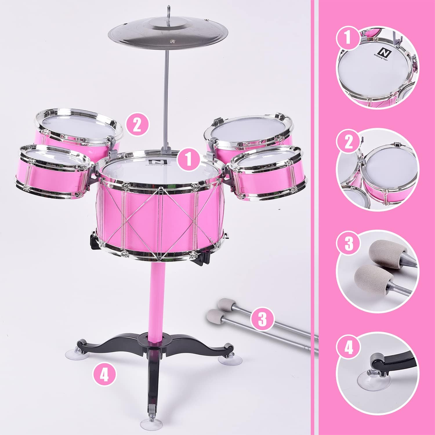 Suitable for Children Aged 3-6 ，Kids Drum Toy Set Rock Jazz Drum (pink)