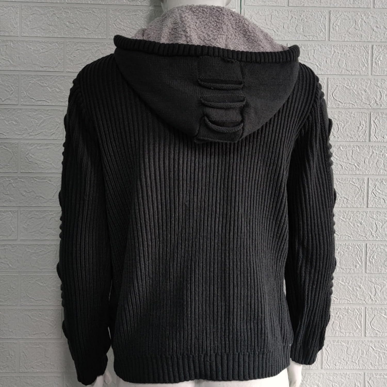 Men's Chunky Button Mid-Length Knitted Cardigan Sweater Attached Hood, M-3XL