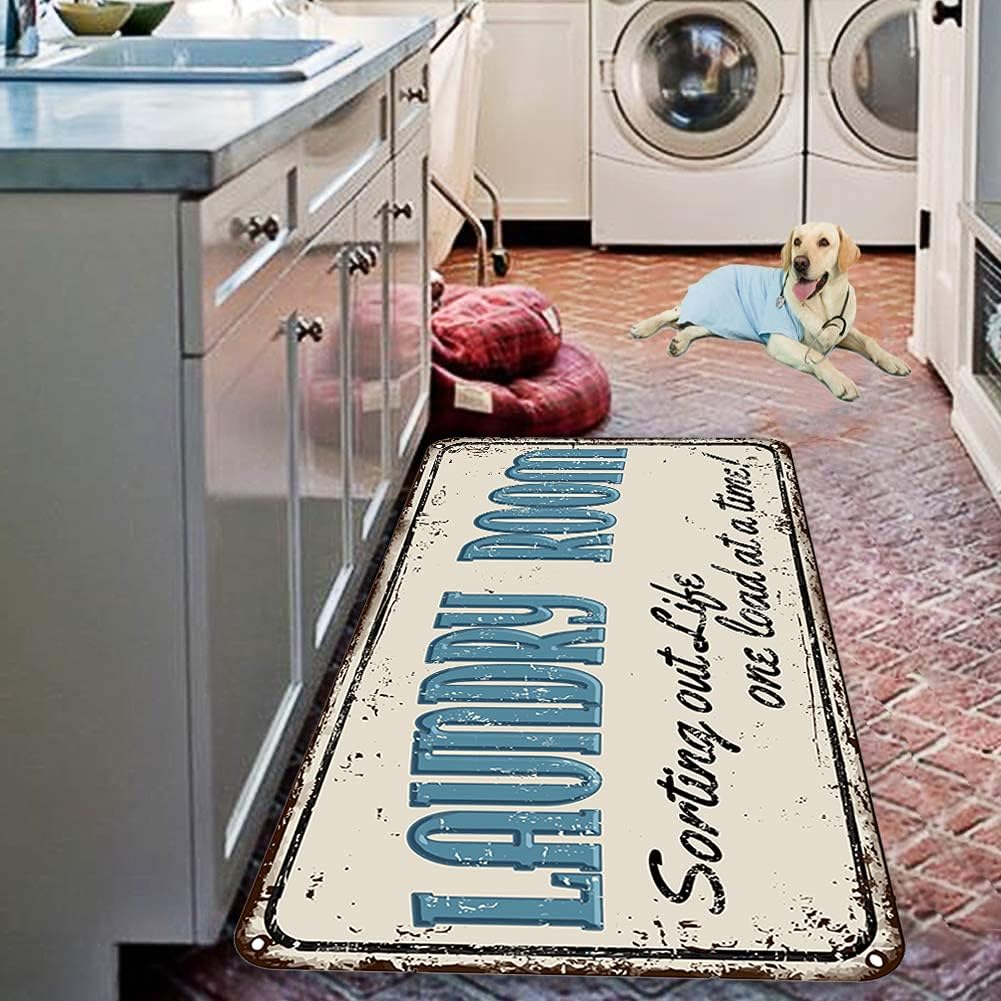 Farmhouse Laundry Room Rug Runner Non Skid Machine Washable Area Rugs Laundry Decor for Kitchen, Bath, Washroom Letter Light Blue（72x24in）