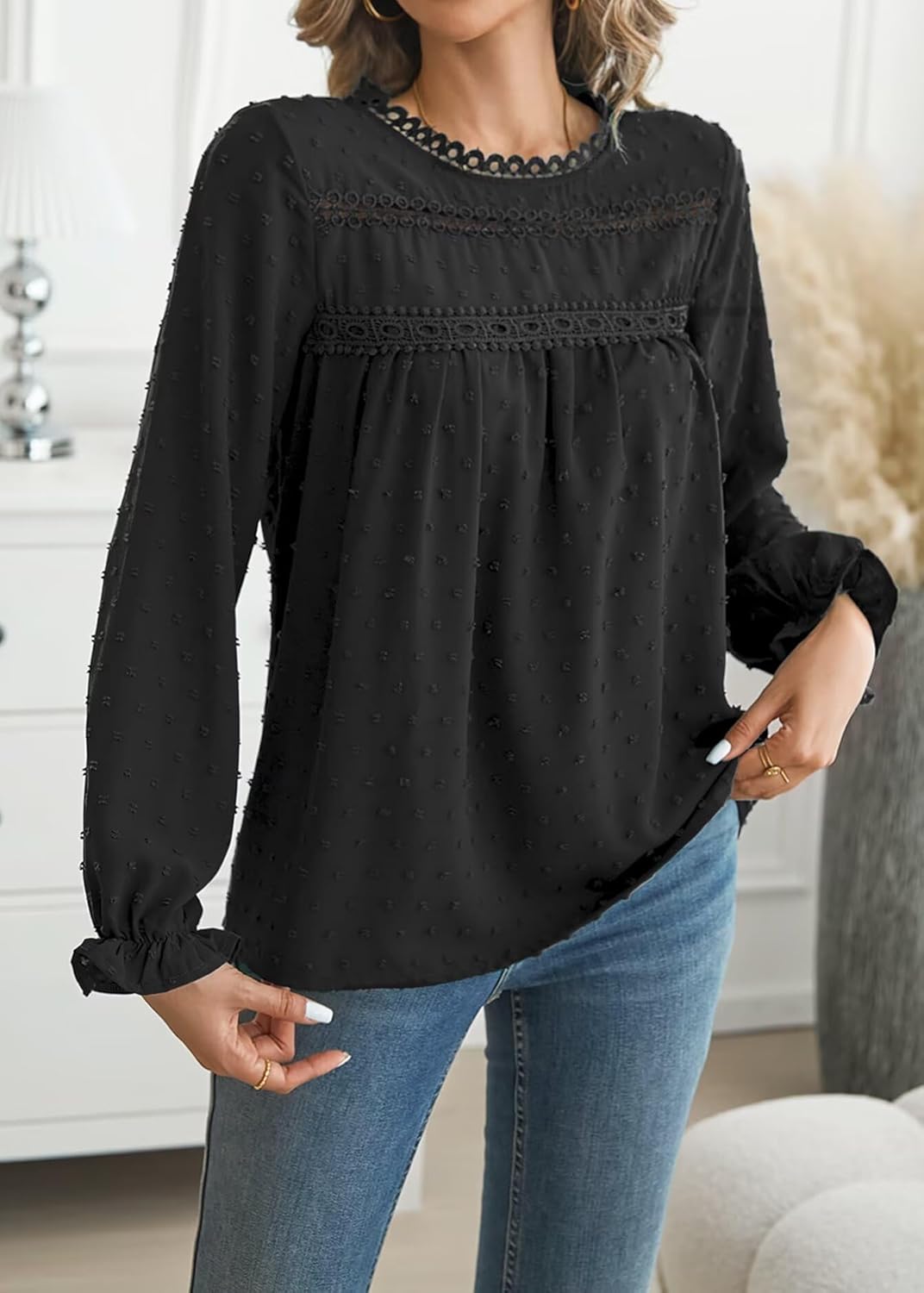 Womens Boho Tops Long Sleeve Shirts For Women Cute Crewneck Blouse Dressy Casual Swiss Dot Crochet Hollow Top 2026 - Image 5