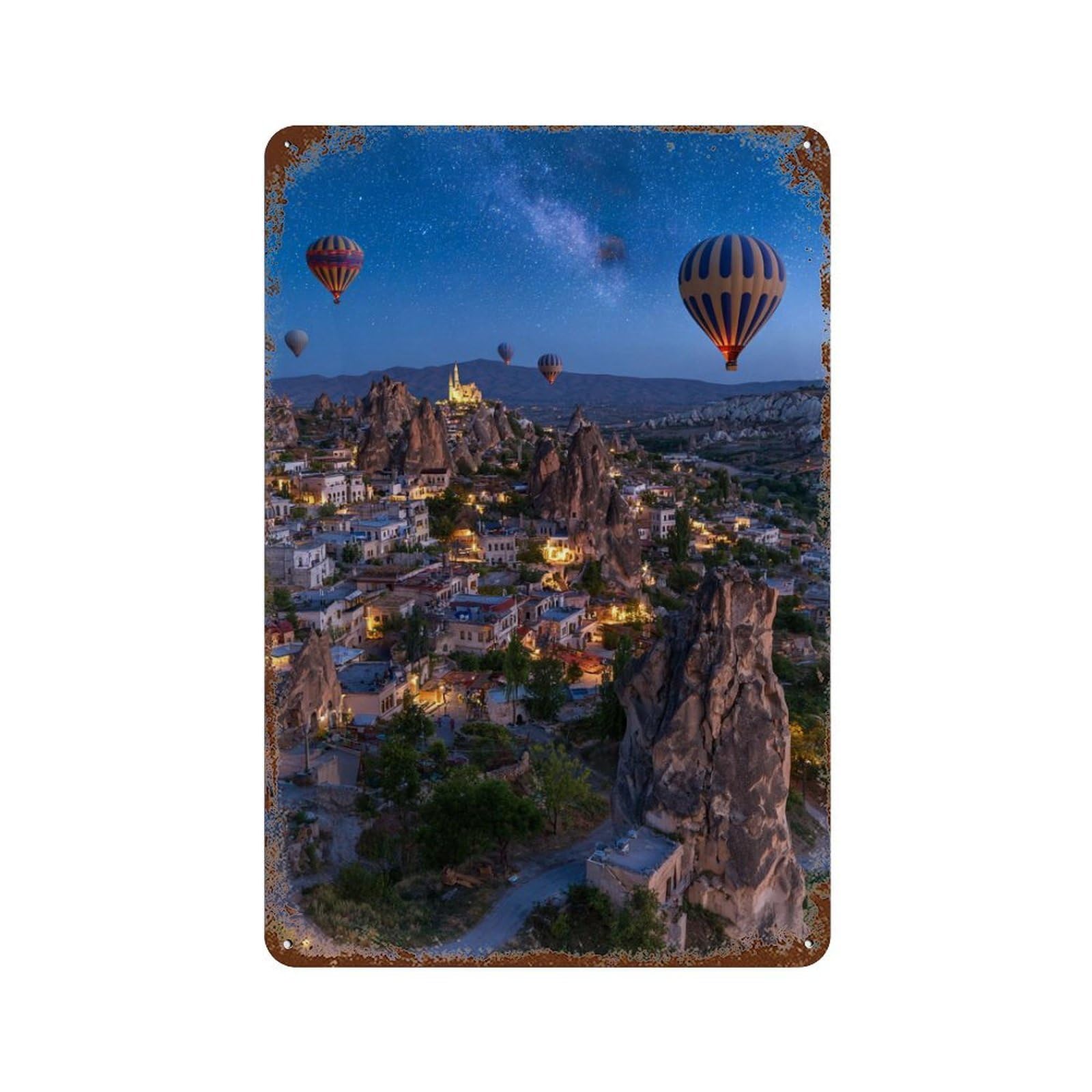Vintage Rust Metal Sign Hot Air Balloons Over Cappadocia -1 11.8"x7.9", Vintage Wall Decor for Office, Studio And Wall Decor