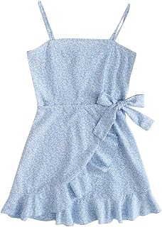 Girl's Ditsy Floral Print Ruffle Hem Cami Dress Spaghetti Strap Bow Tie Side Mini Casual Dresses for Summer Beach
