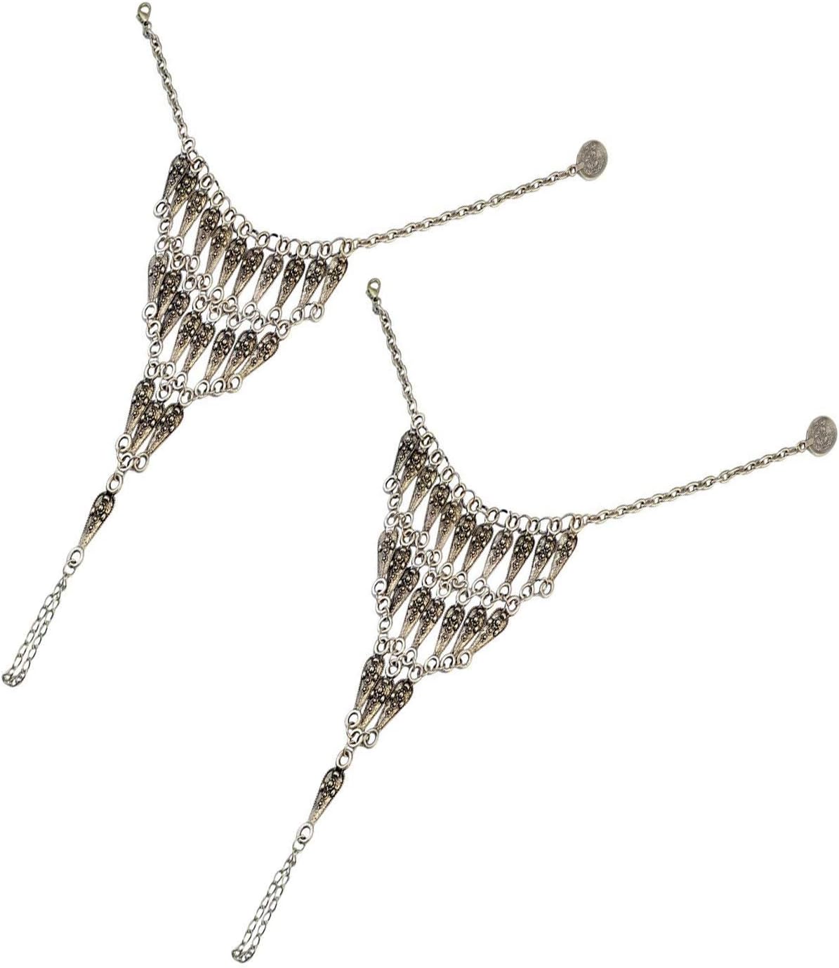Pearlplus 2Pcs Women's Vintage Sexy Folk Style Turquoise Drop Chain Link Tassels Anklet