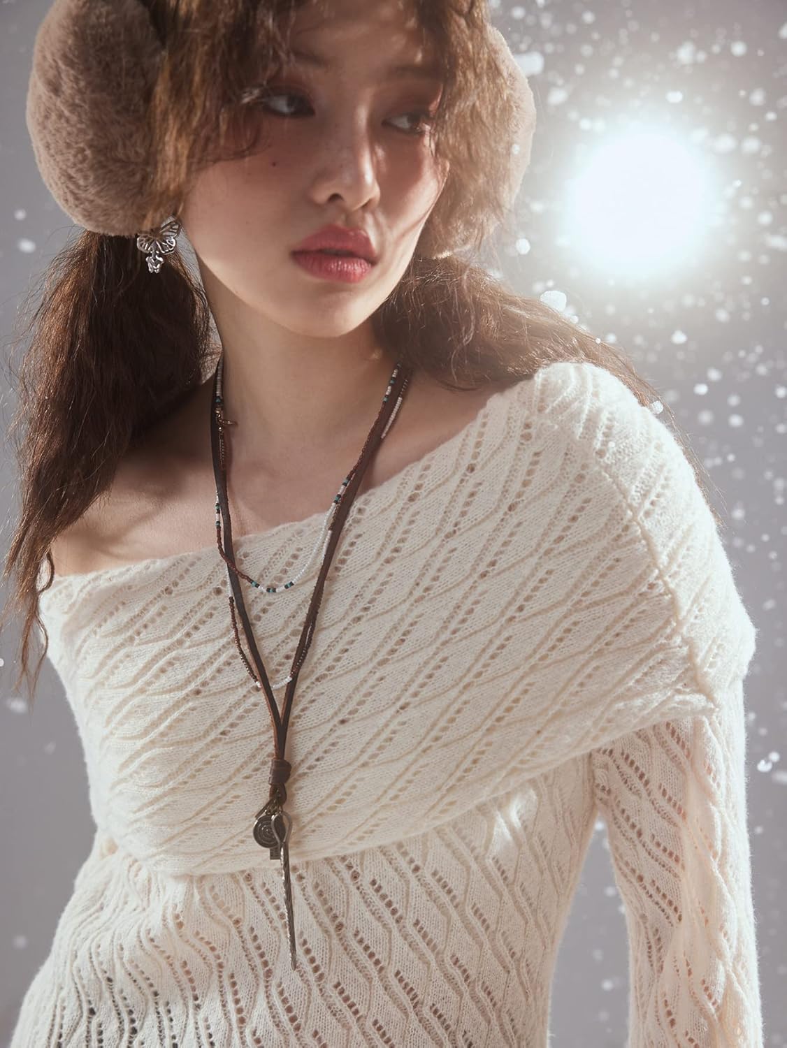 Women's Sweater Boat Neck Pointelle Knit Sweater Sweater for Women (Color : Beige, Size : Medium)