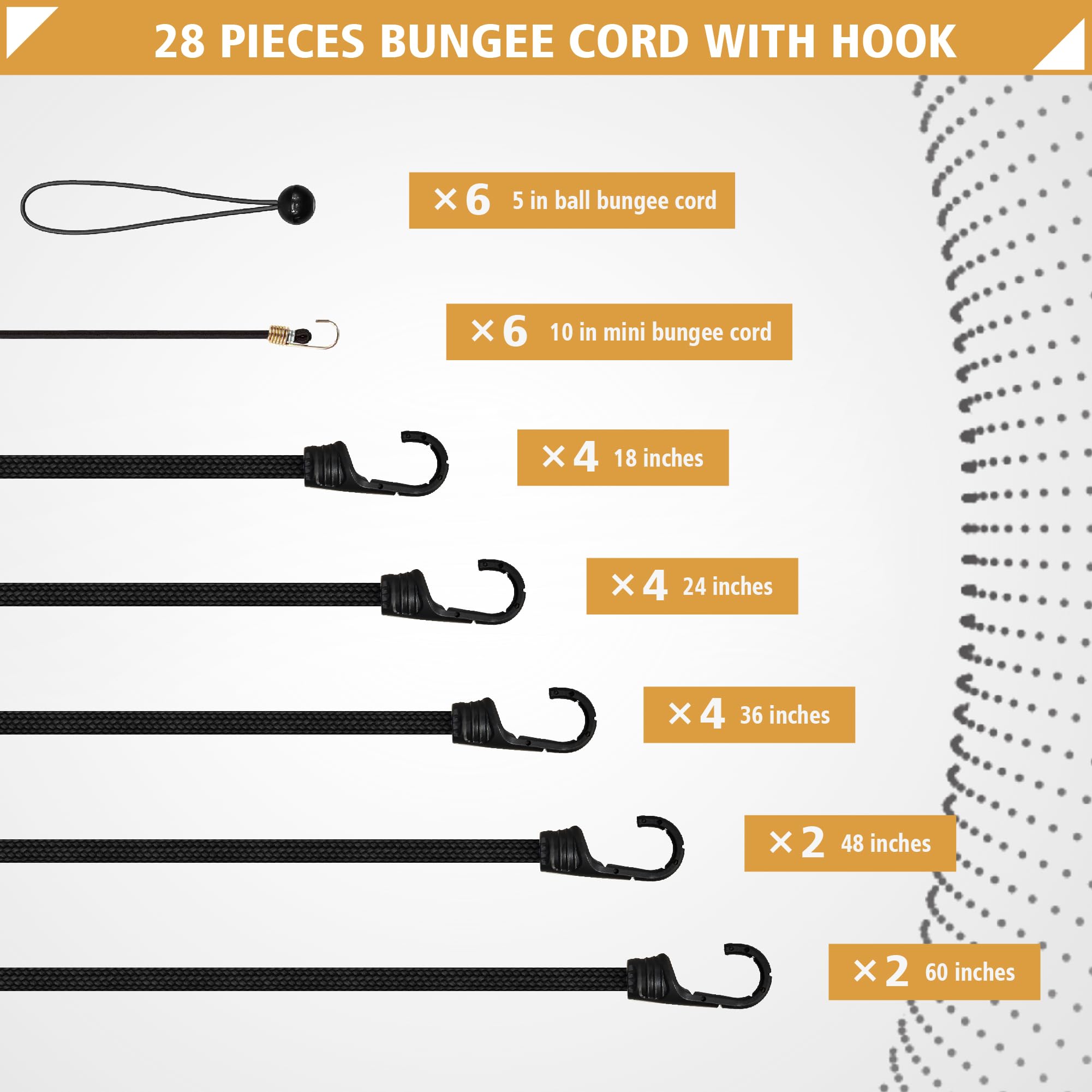 Cuerdas elásticas con ganchos, correas elásticas resistentes para exteriores, paquete de 28 cuerdas elásticas de goma extra fuertes para equipaje, camping, lonas, portabicicletas, tienda de