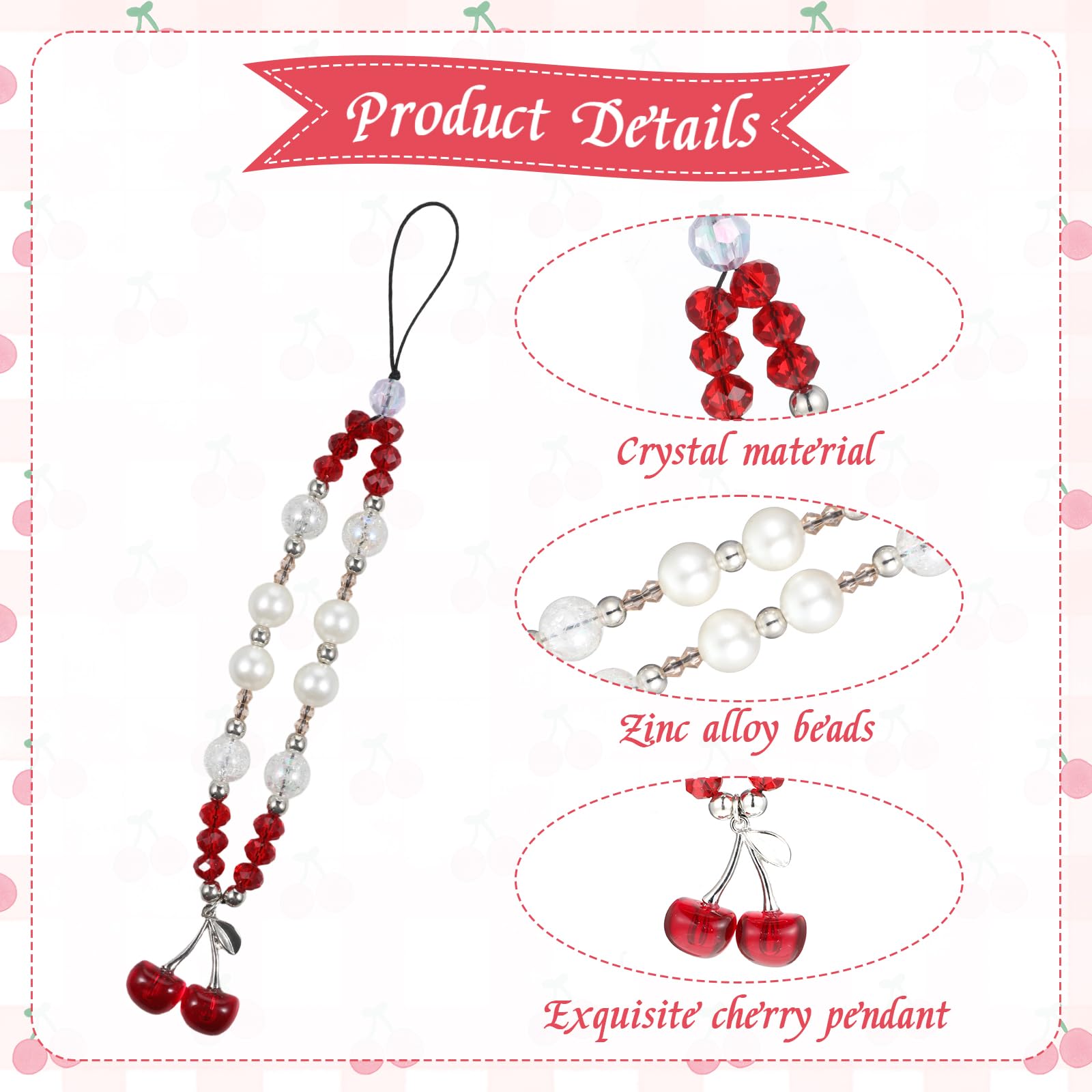 Cherry Phone Charm, Cute Beaded Phone Charm, Y2K Red CellPhone Lanyard Wrist Strap Kawaii Camera Pendants Keychain Accessories for Decor Gift — view 6