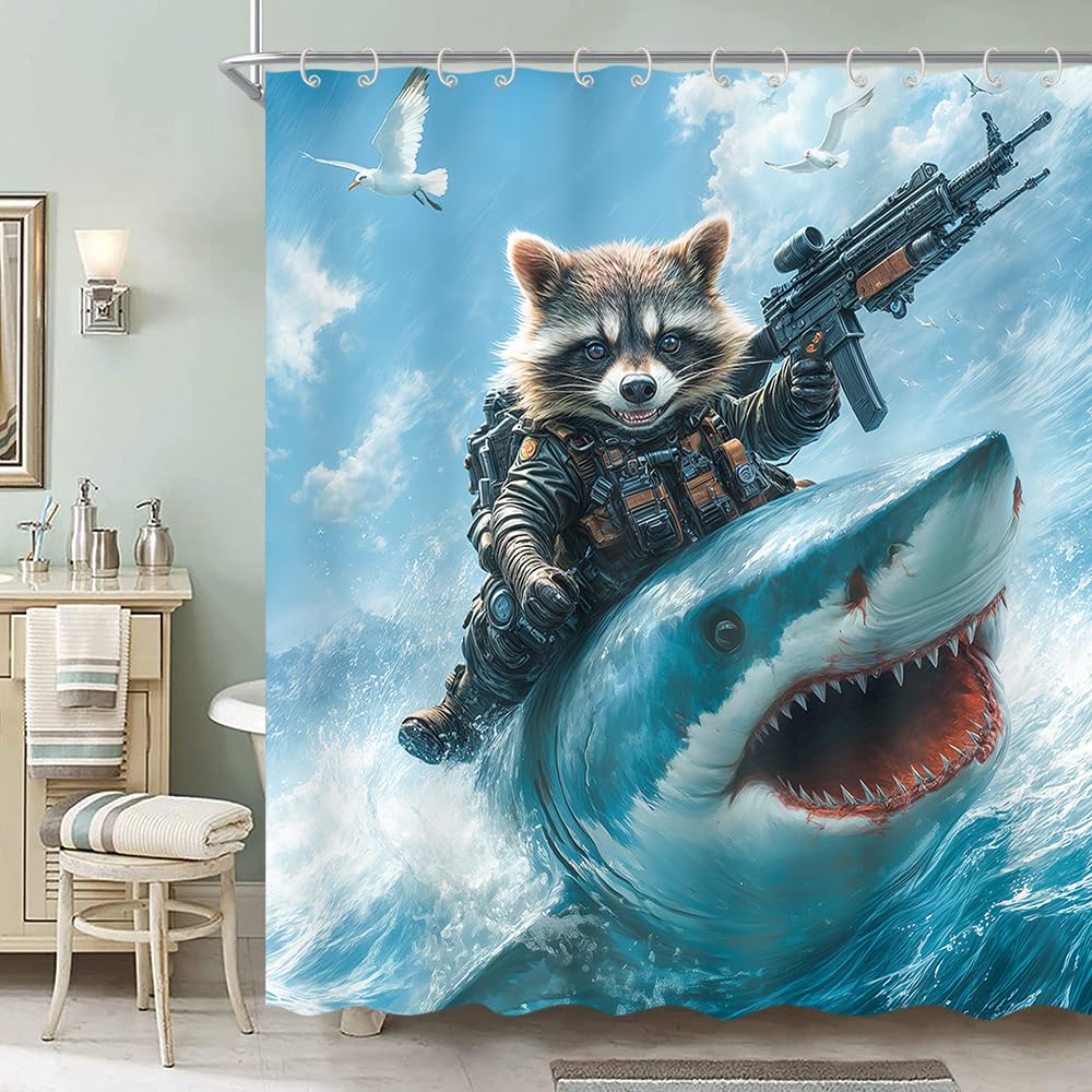 Funny Animal Shower Curtain, Cool Cute Raccoon Riding Shark Ocean Wave Shower Curtain for Bathroom, Fun Nautical Coastal Funny Kids Children Fabric Waterproof Bath Curtains with 12 Hooks,36X70IN