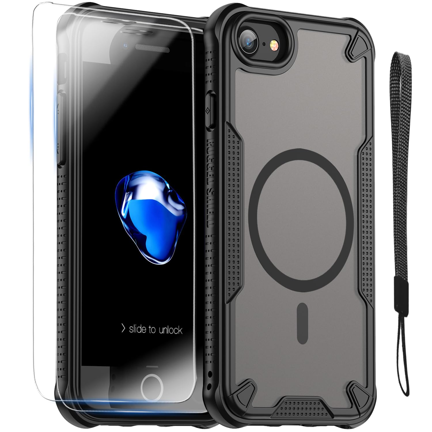 for iPhone 6/7/8，SE2, SE3 Case with Magsafe Magnetic Slim Shockproof Protective Case,Translucent Matte Back with Lanyard Strap and 2*9H Tempered Glass