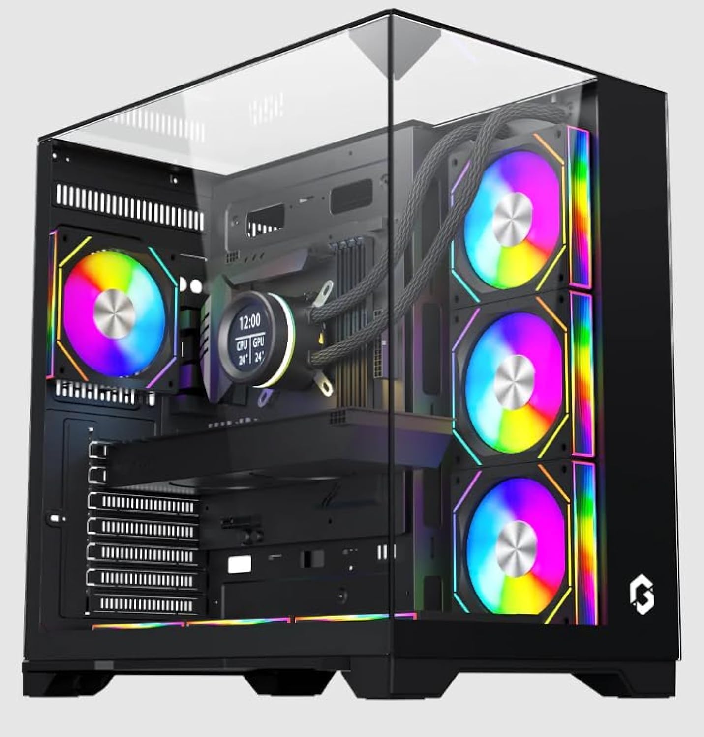GAMEON Valkyrie I Series Mid Tower Gaming Case, ARGB+PWM lighting, 0.8mm Tempered Glass Panel, Wide Motherboard Compatibility, Dust Filters, 360mm Water Cooling System, Durable and Aesthetic, Black