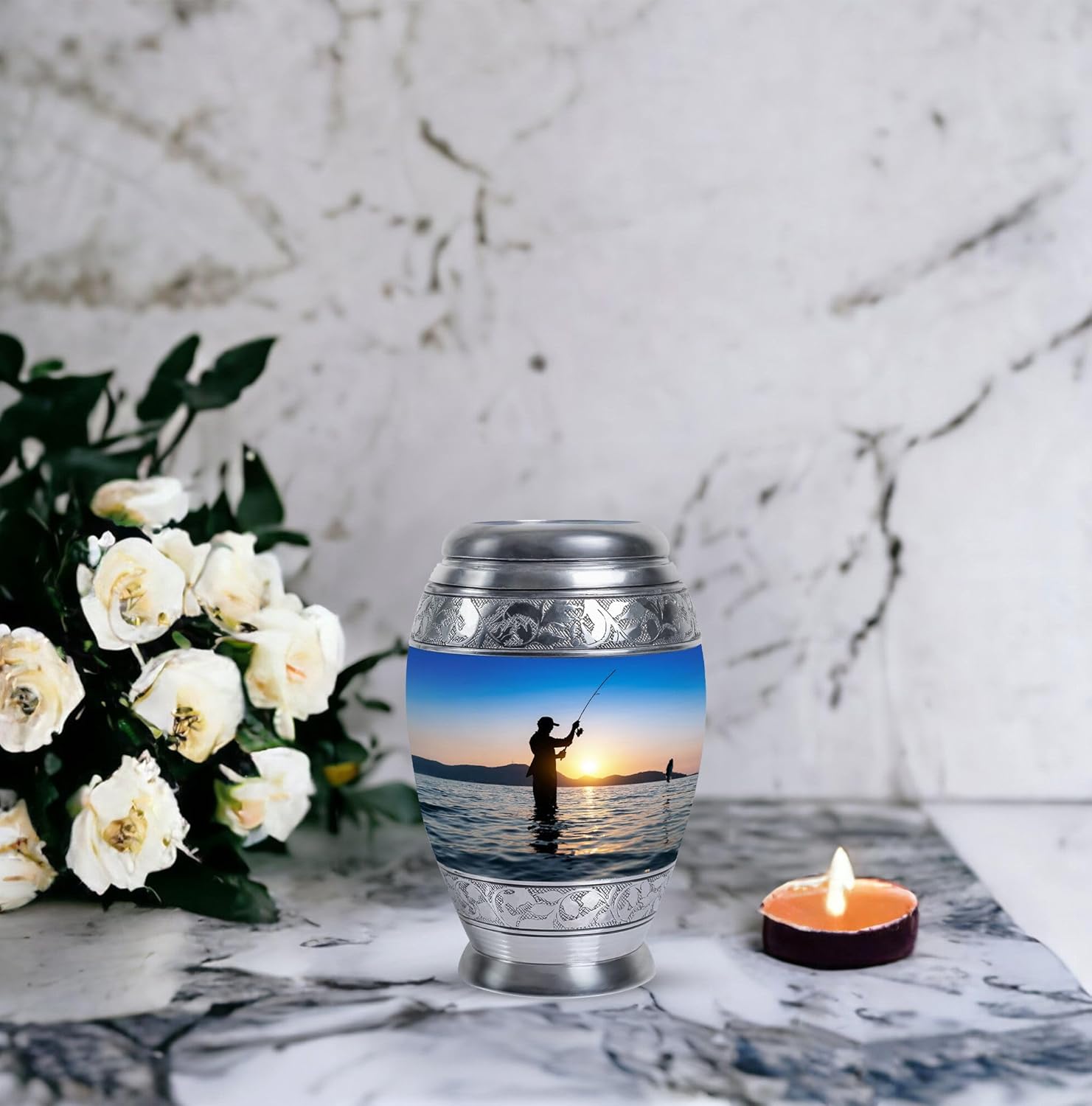 Fisherman Urns for Men Ashes - Cremation Urns for Human Ashes Adult Man - Blue Mini Funeral Companion Urn - Small Urn for Adult Male & Female - Tiny Keepsake 3 Inch, Set of 4