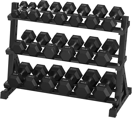 Miniatura 16 de Juego de mancuernas hexagonales con estante, 290-670 lb juego de mancuernas de ejercicio y fitness con revestimiento de goma, peso de mano para