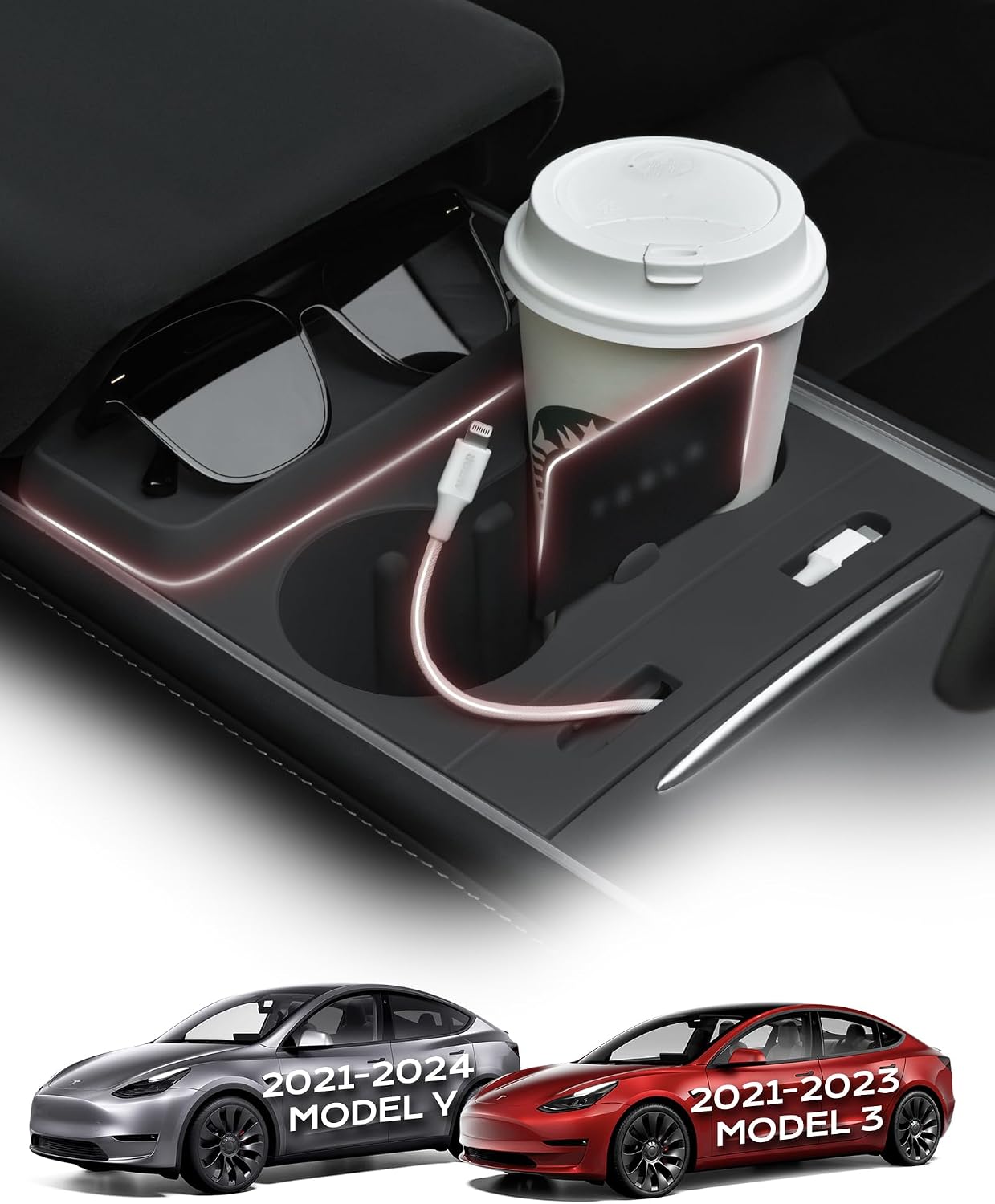 Cup Holder Insert for Tesla Model 3/Y, 4-in-1 with Charging Cable Storage Compartment Sunglasses & Card Holder Fits for 2021-2023 Model 3 and 2021-2024 Model Y Gray
