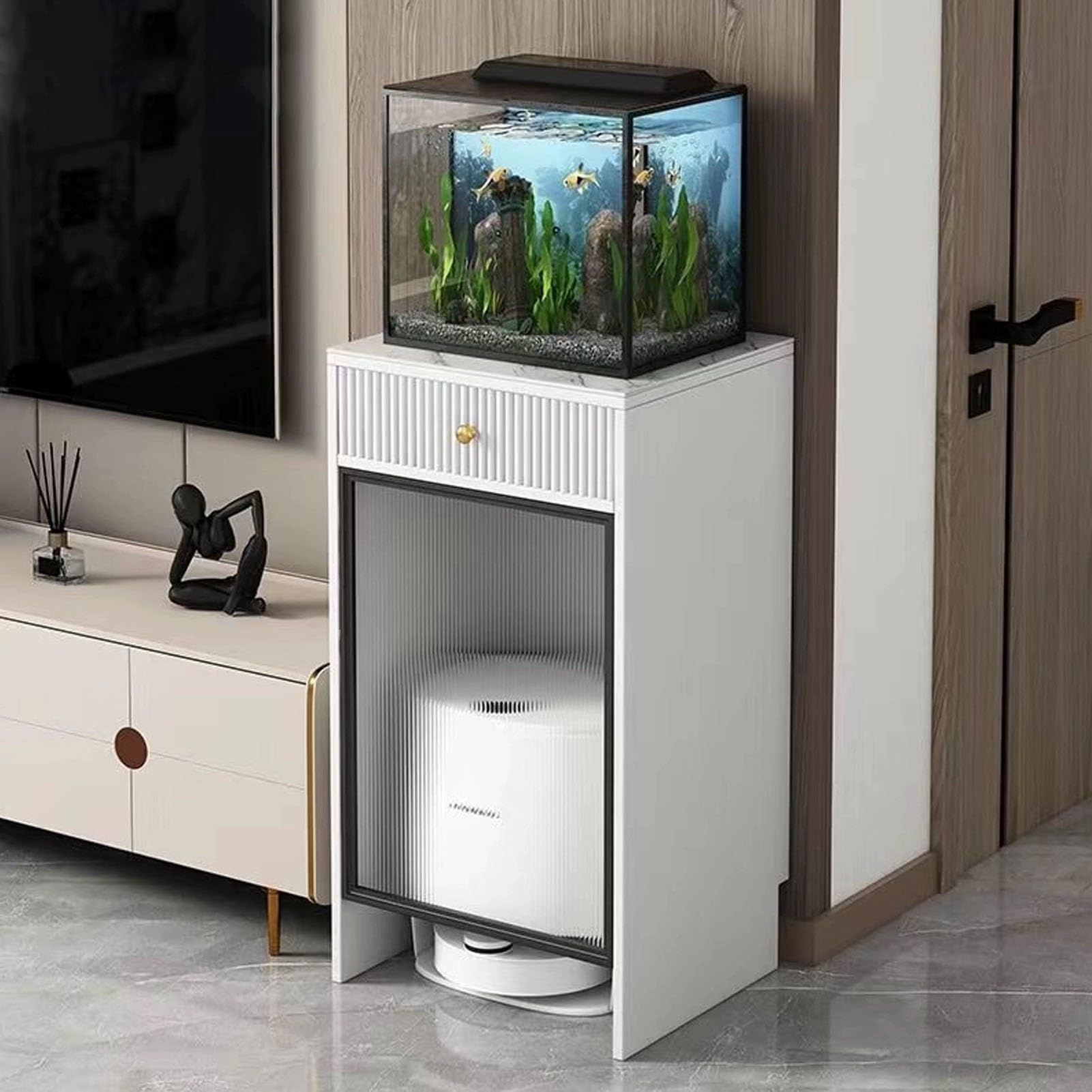 Support dissimulé pour aspirateur blanc dans un meuble de bureau et salon chic