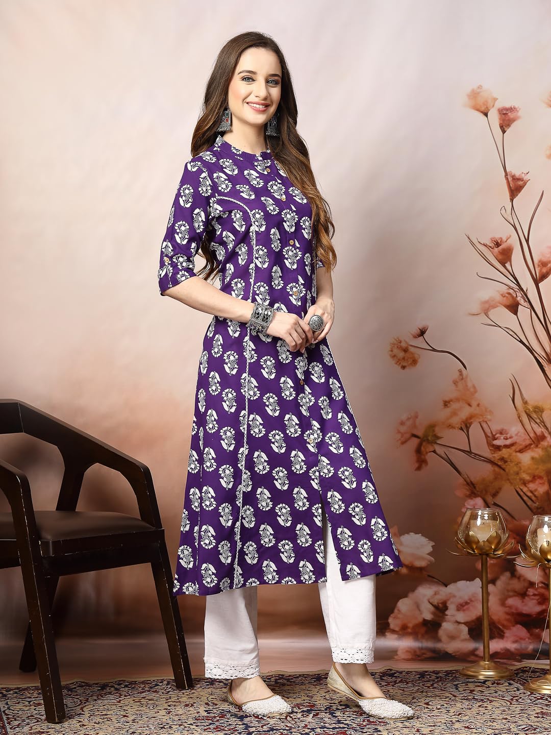 Stylum Women's Floral Printed Rayon A-Line Kurta (Johnyvoil38_Violet, M)