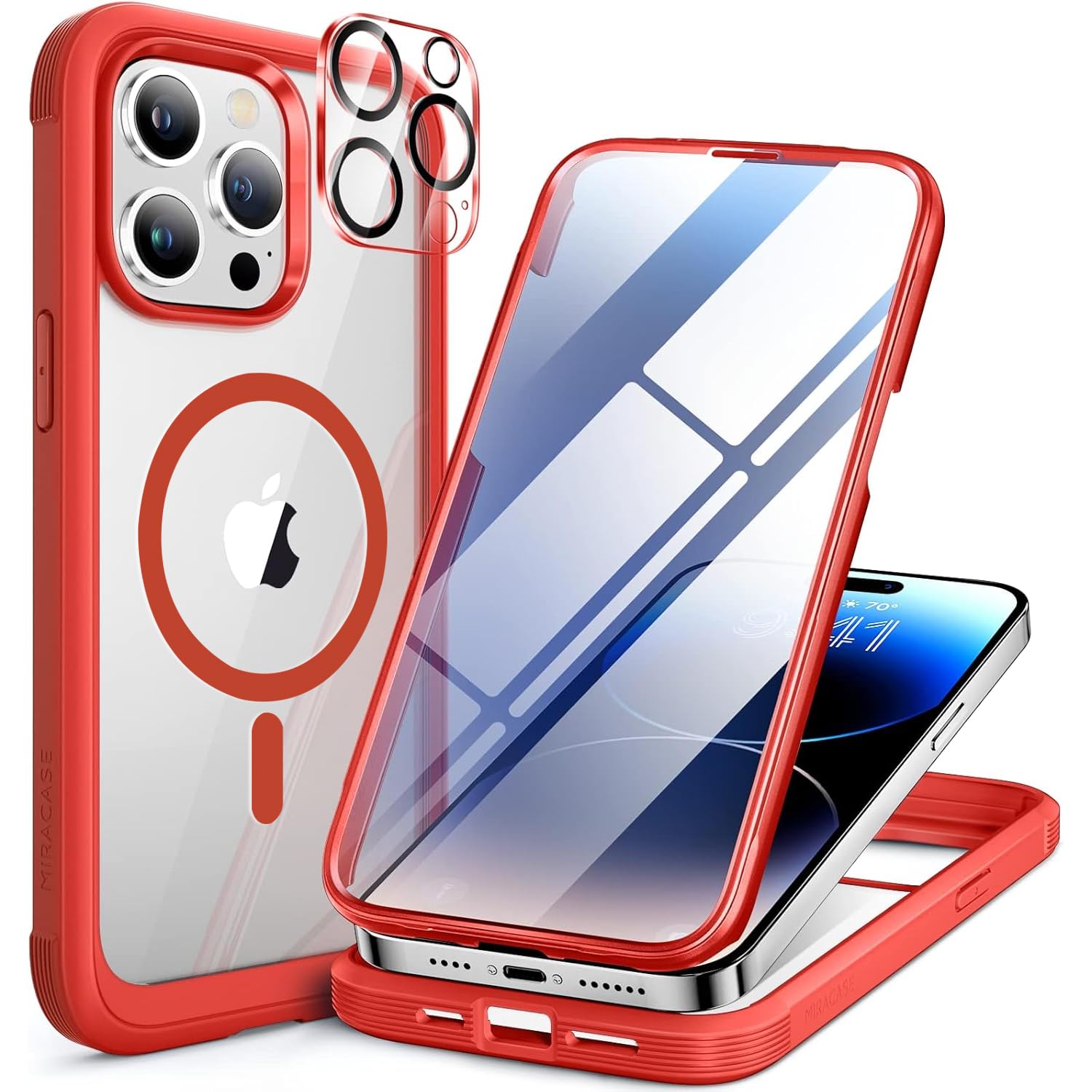 Photo 1 of Miracase Magnetic for iPhone 14 Pro Max Case 6.7 inch, (Compatible with MagSafe) Upgrade Full-Body Clear Phone Bumper Case with Built-in 9H Tempered Glass Screen Protector, Magnetic Red