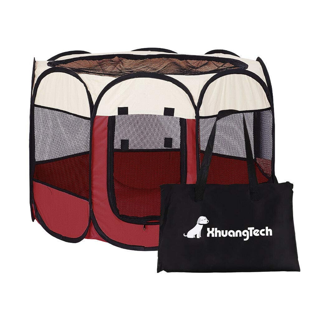 XianghuangTechnology Soft Fabric Portable Foldable Pet Dog Cat Puppy Playpen, Indoor/Outdoor use Pet Kennel Cage D31.5 x H23 inch (Beige and Red)