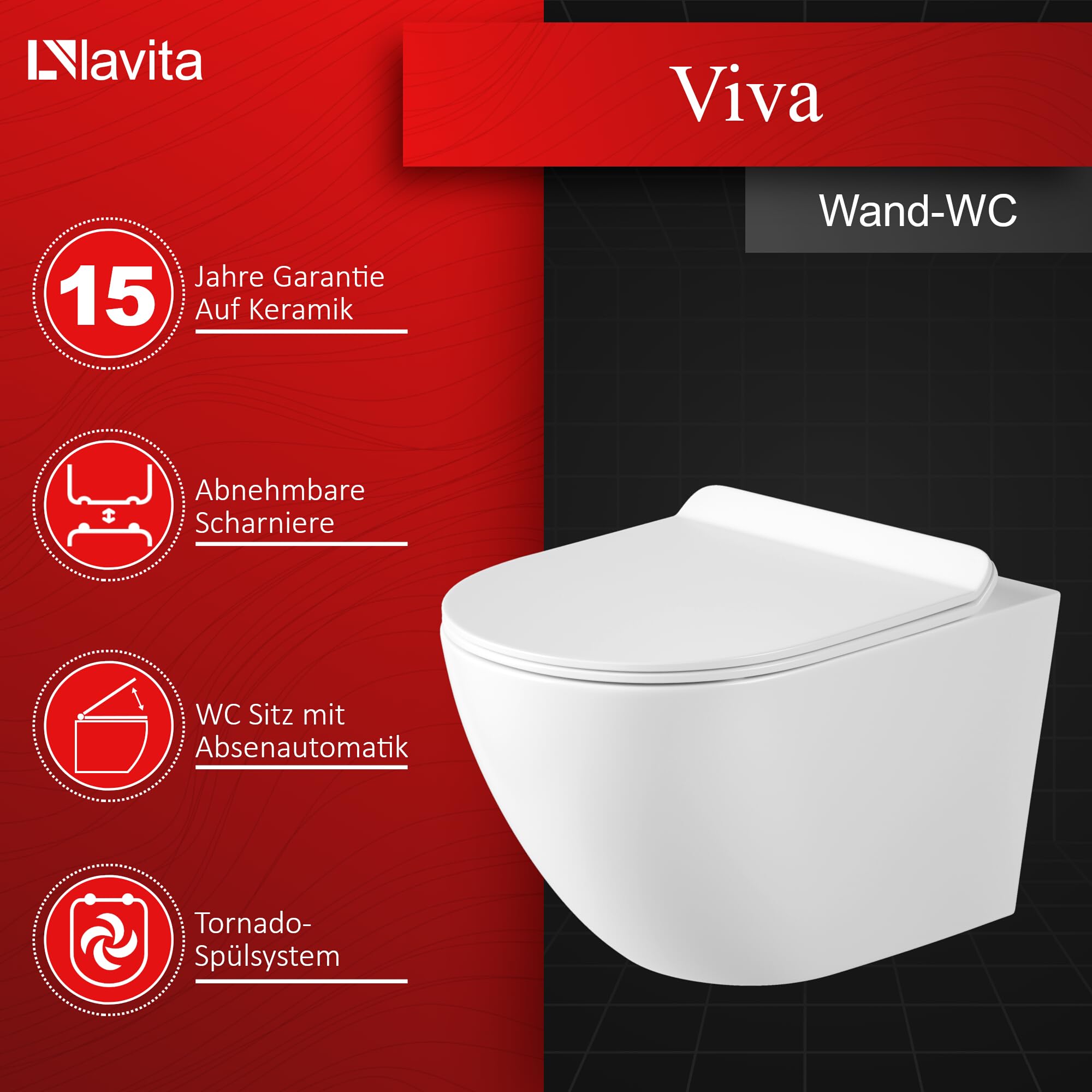 LAVITA Wand-WC Viva Hänge Toilette WC Sitz Toilettendeckel mit Absenkautomatik & Metallscharniere Toiletten Spülrandlos Hängend Spülsystem TORNADO 2.0 Toilettenbecken Weißer Glanz
