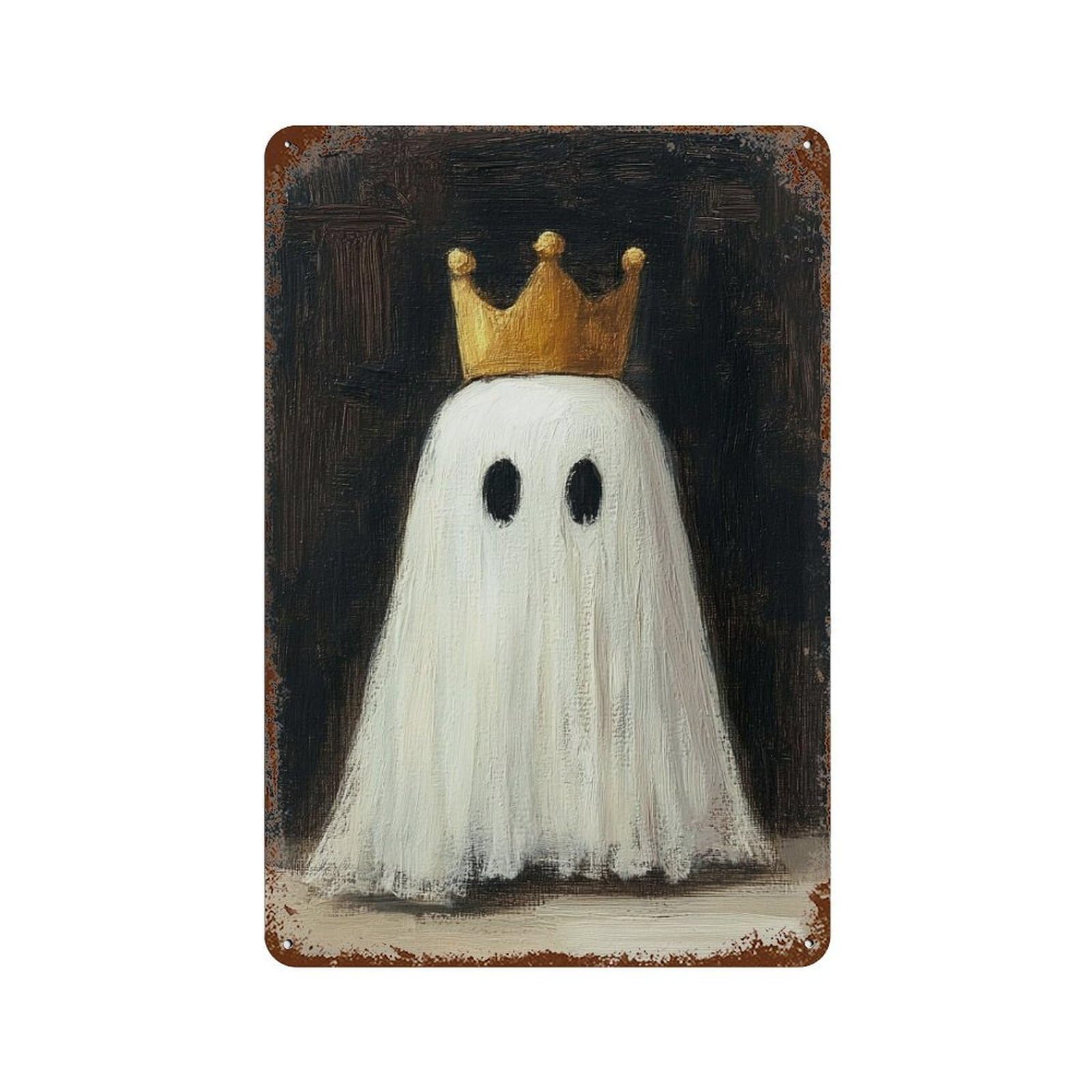 Crowned Ghost Halloween Art Print Rust Effect Tin Sign 11.8"x7.9", Decorative Metal Wall Art for Living Room, Hallway And Home Decor