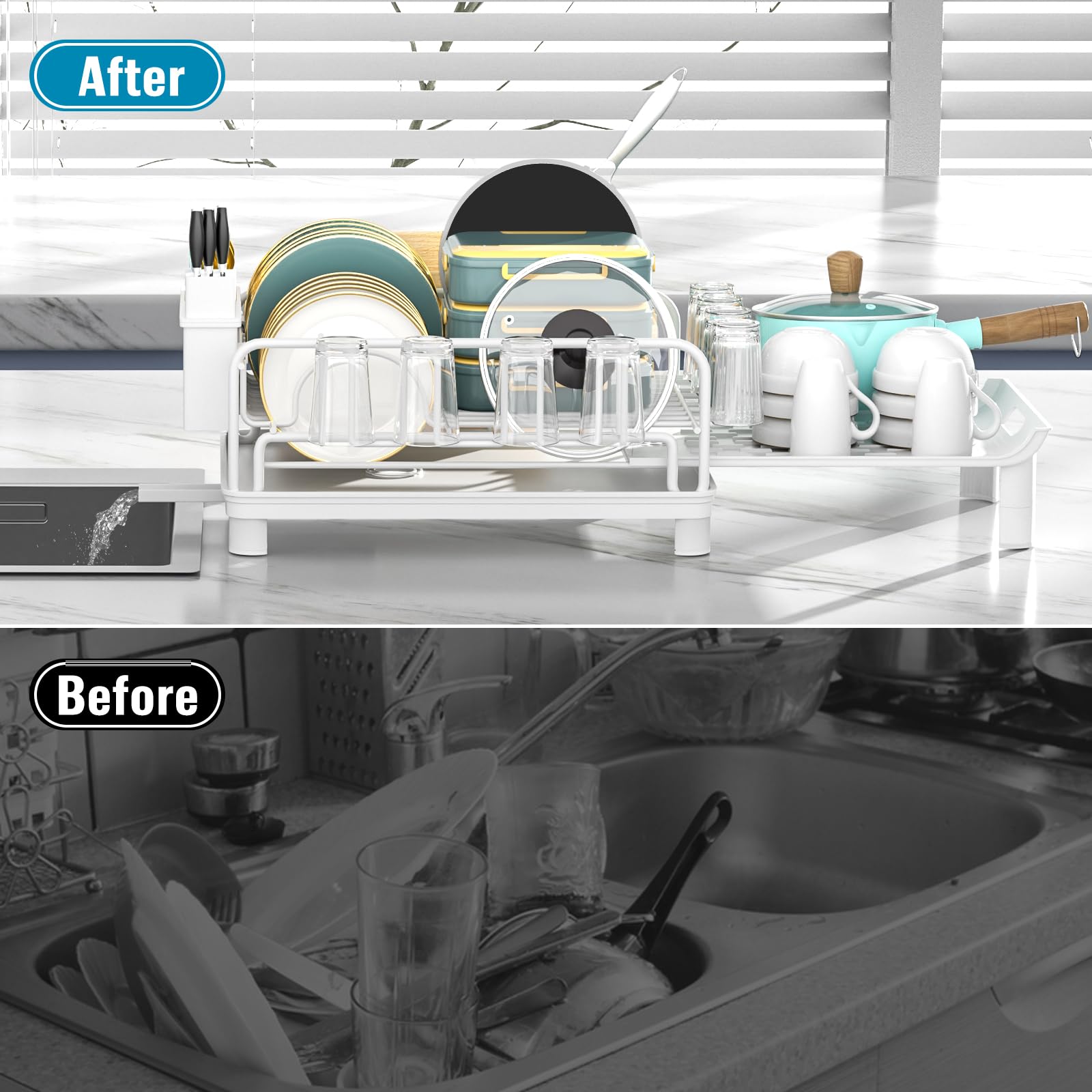 caktraie Expandable Dish Drying Rack with a Large Capacity for Kitchen Counter, Sliver