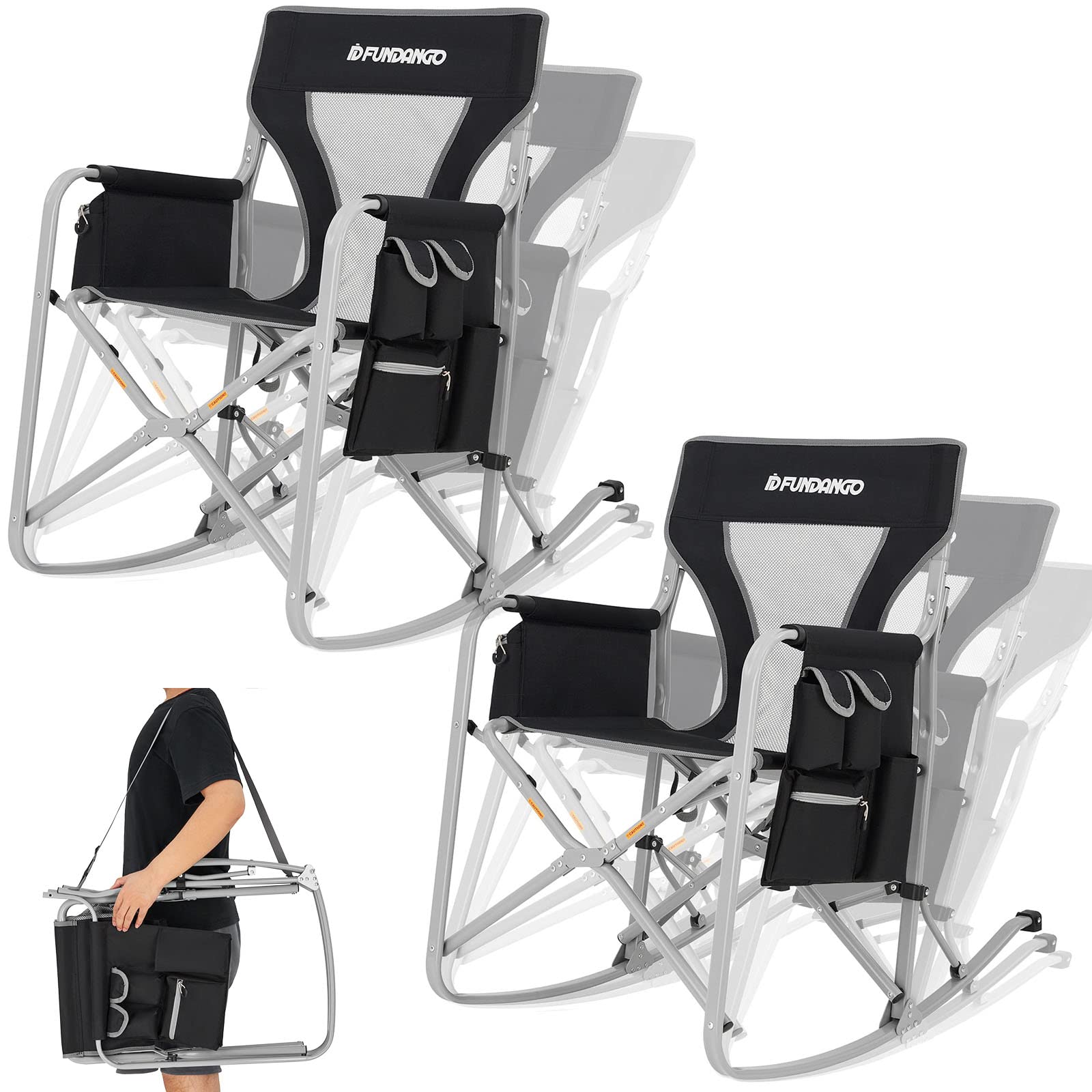 FUNDANGO Rocking Camping Chair for Adults, Portable Rocker Folding Camp Chairs Outdoor for Porch, Outside, Backyard, Patio, Lawn(Black/Grey)