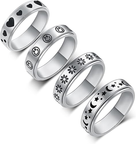 LuckyAmor Anillo de ansiedad para mujer, anillos giratorios anillos giratorios de acero inoxidable de 0.236 pulgadas (0.236 in) con luna y estrella