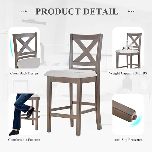 Miniatura 4 de COLAMY Juego de 4 taburetes de bar tapizados con altura de mostrador, sillas de bar modernas para isla de cocina con respaldo cruzado y patas de