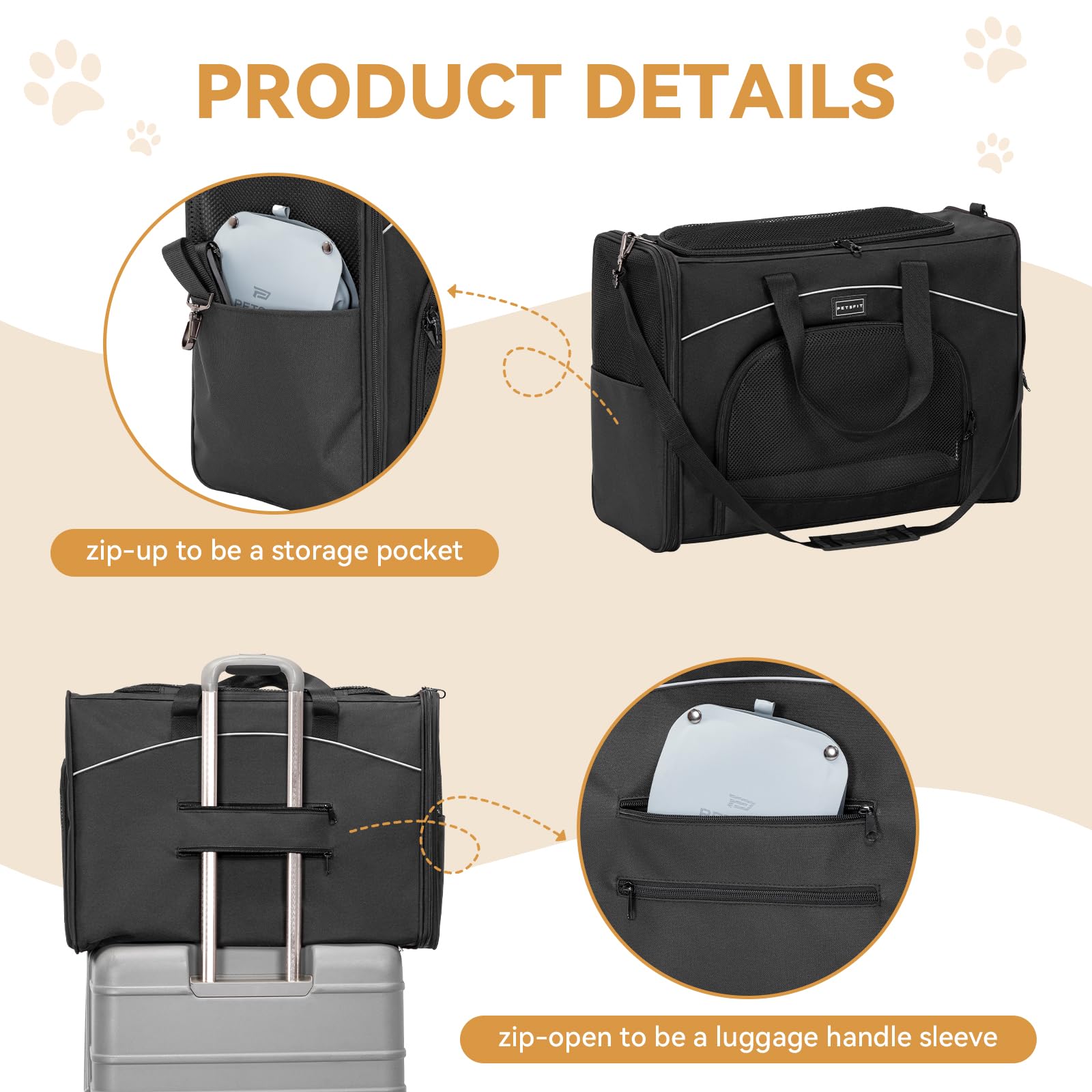 Petsfit Borsa per il trasporto di gatti e cani, aeroplano | borsa per cani e trasportino gatto | borsa aerea per animali domestici | trasporto sicuro in auto, aereo e treno, L/nero