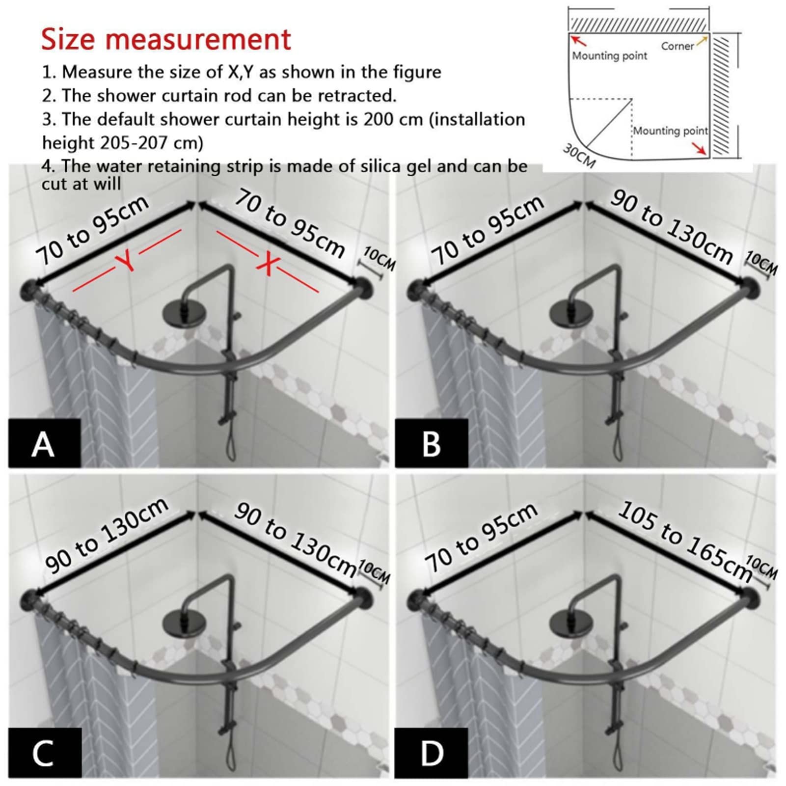 Asta Tenda Doccia Angolare A L In Acciaio 304 – Regolabile 90-130 Cm, Nero, Per Bagno E Spogliatoio